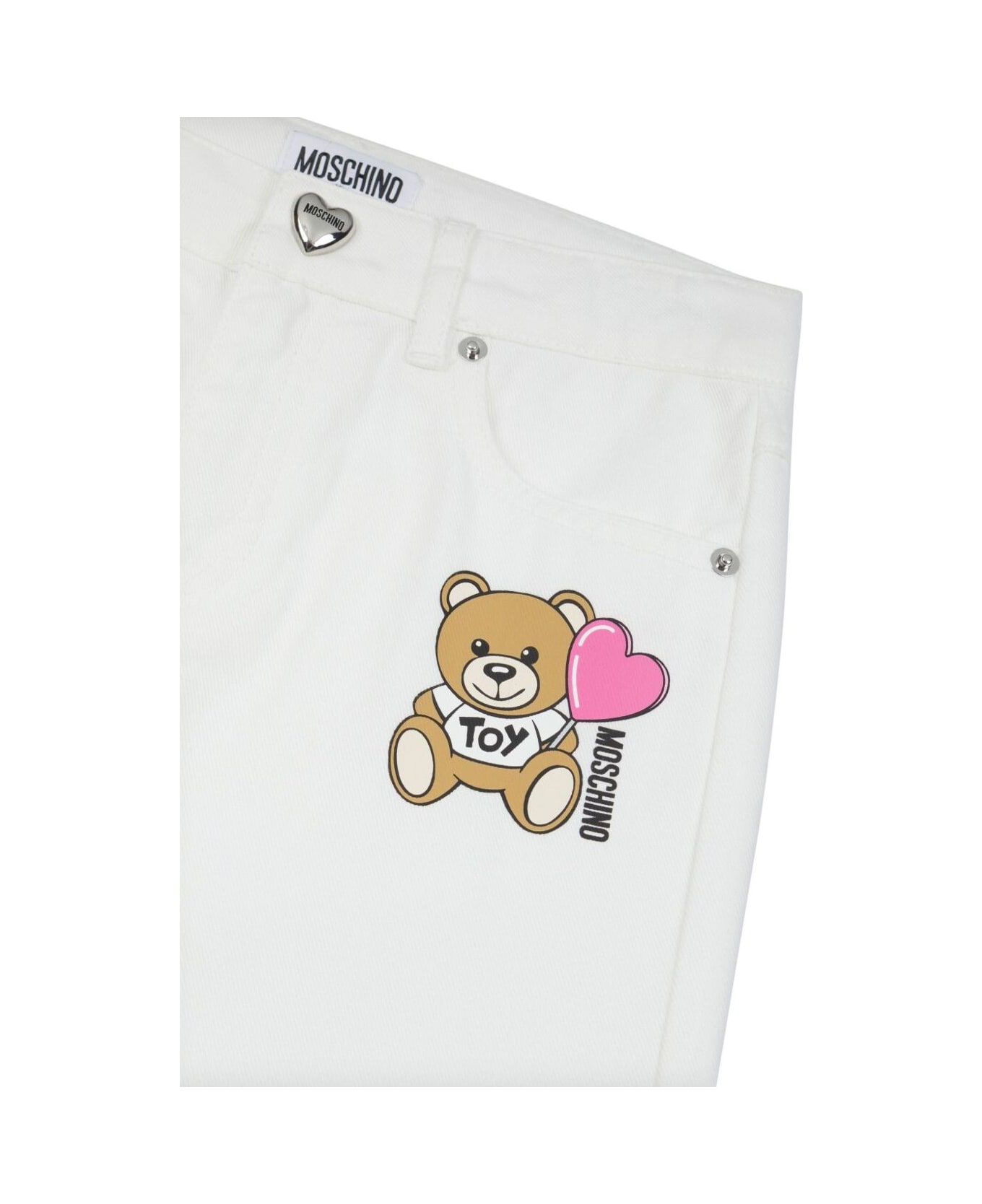 Moschino White Jeans With Logo Detail On The Front And Button With Logo In Denim Girl - White