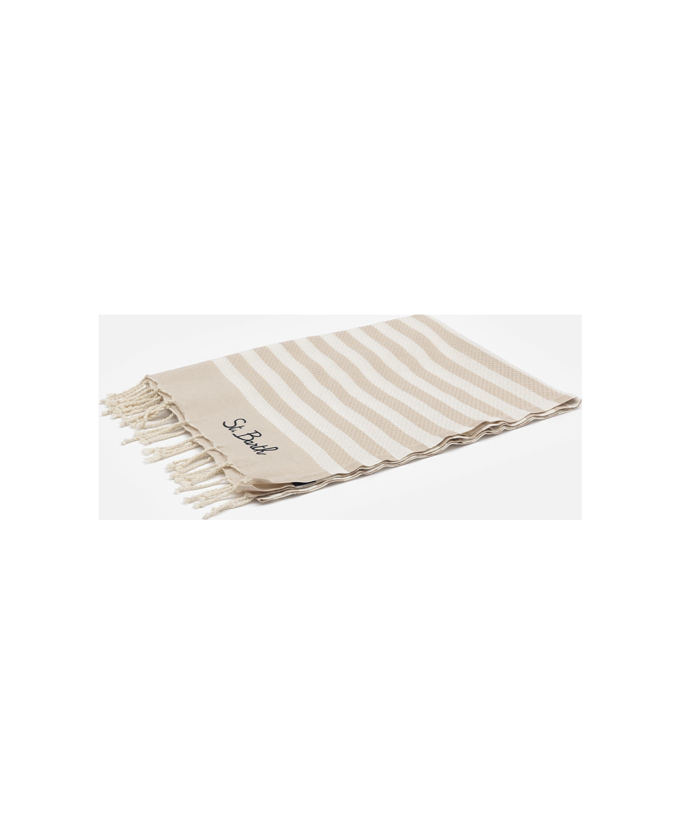 MC2 Saint Barth Cotton Beach Towel Fouta With Beige Striped Print - WHITE