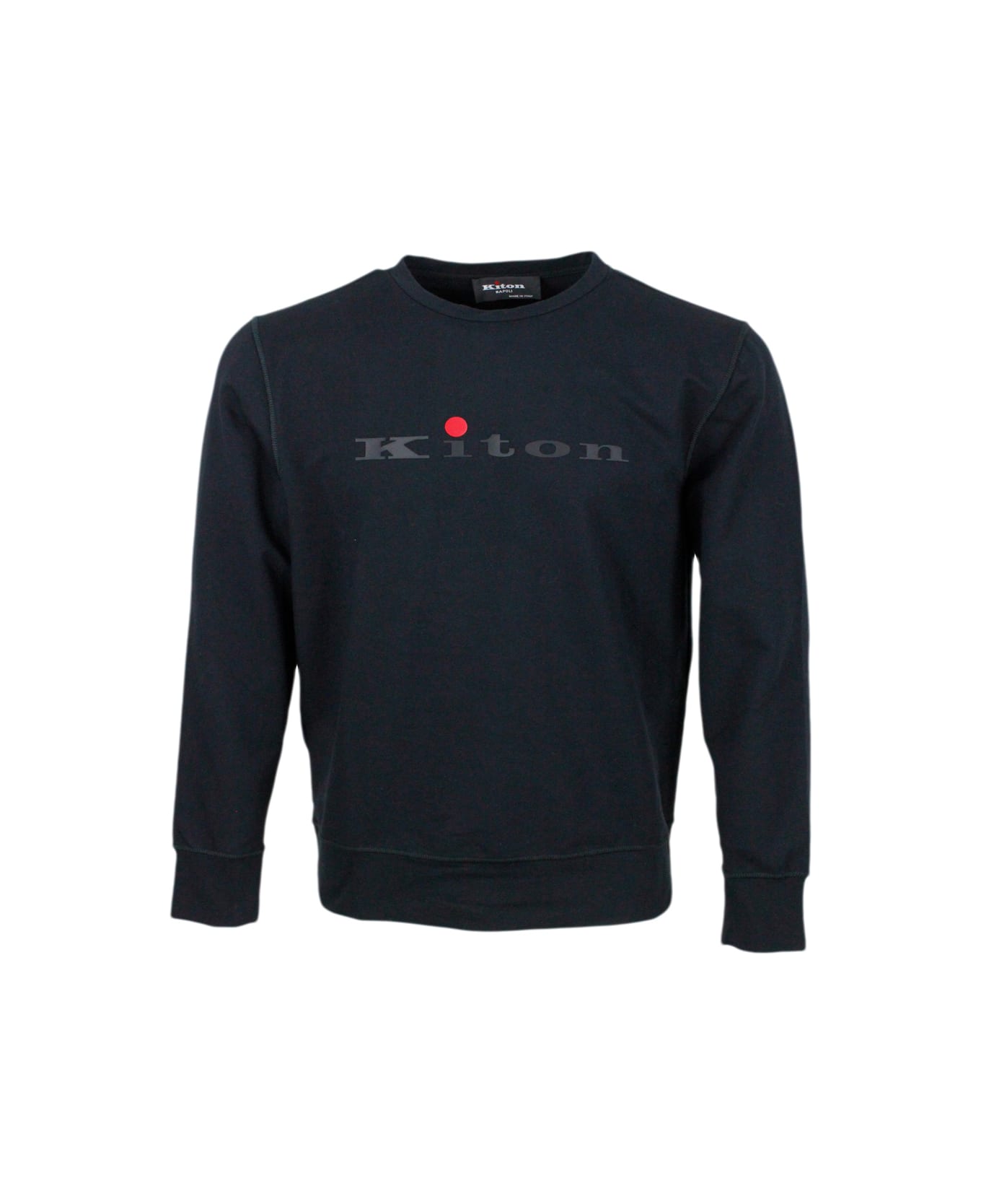 Kiton Long-sleeved Crew-neck Sweatshirt In Fine Stretch Cotton With Logo Writing On The Chest - Black