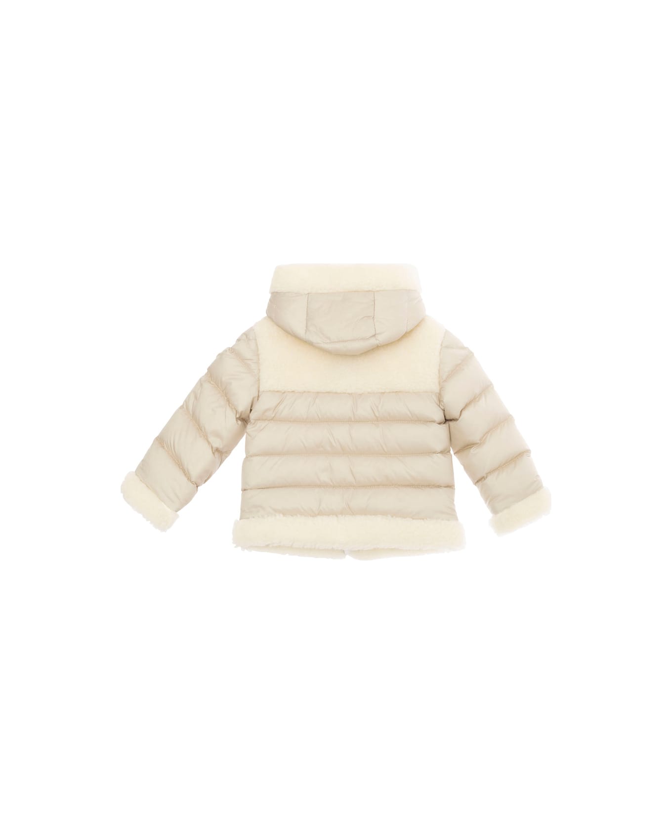 Moncler 'dofi' Beige Down Jacket With Hood And Logo Patch On The Sleeve In Tech Fabric Baby - Beige