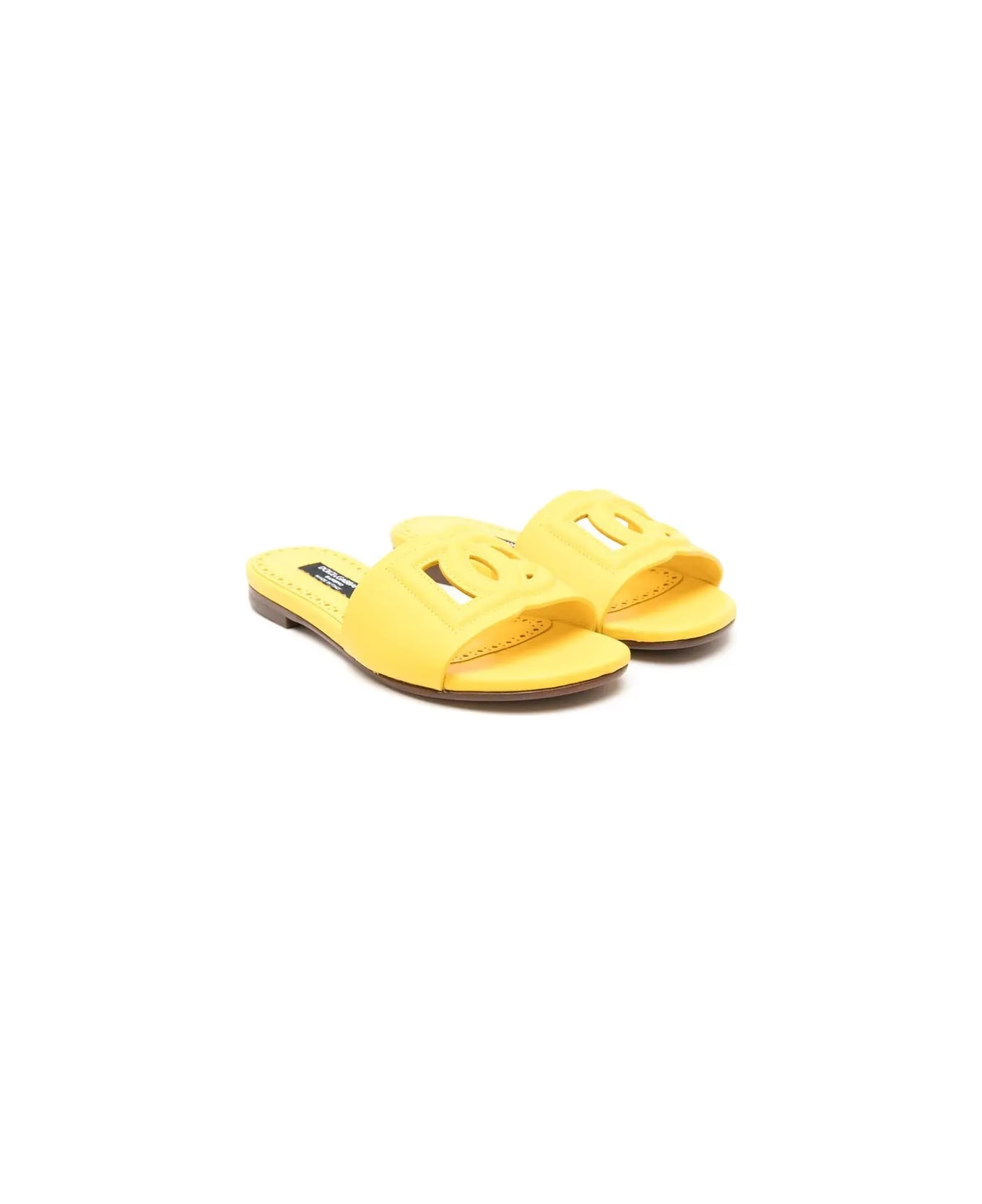 Dolce & Gabbana Yellow Leather Slide With Dg Logo - Yellow シューズ