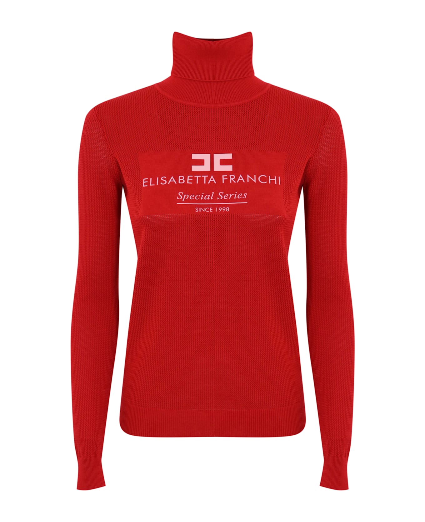 Elisabetta Franchi Turtleneck In Mesh Stitch Viscose Knit With Logo Inlay - Rosso