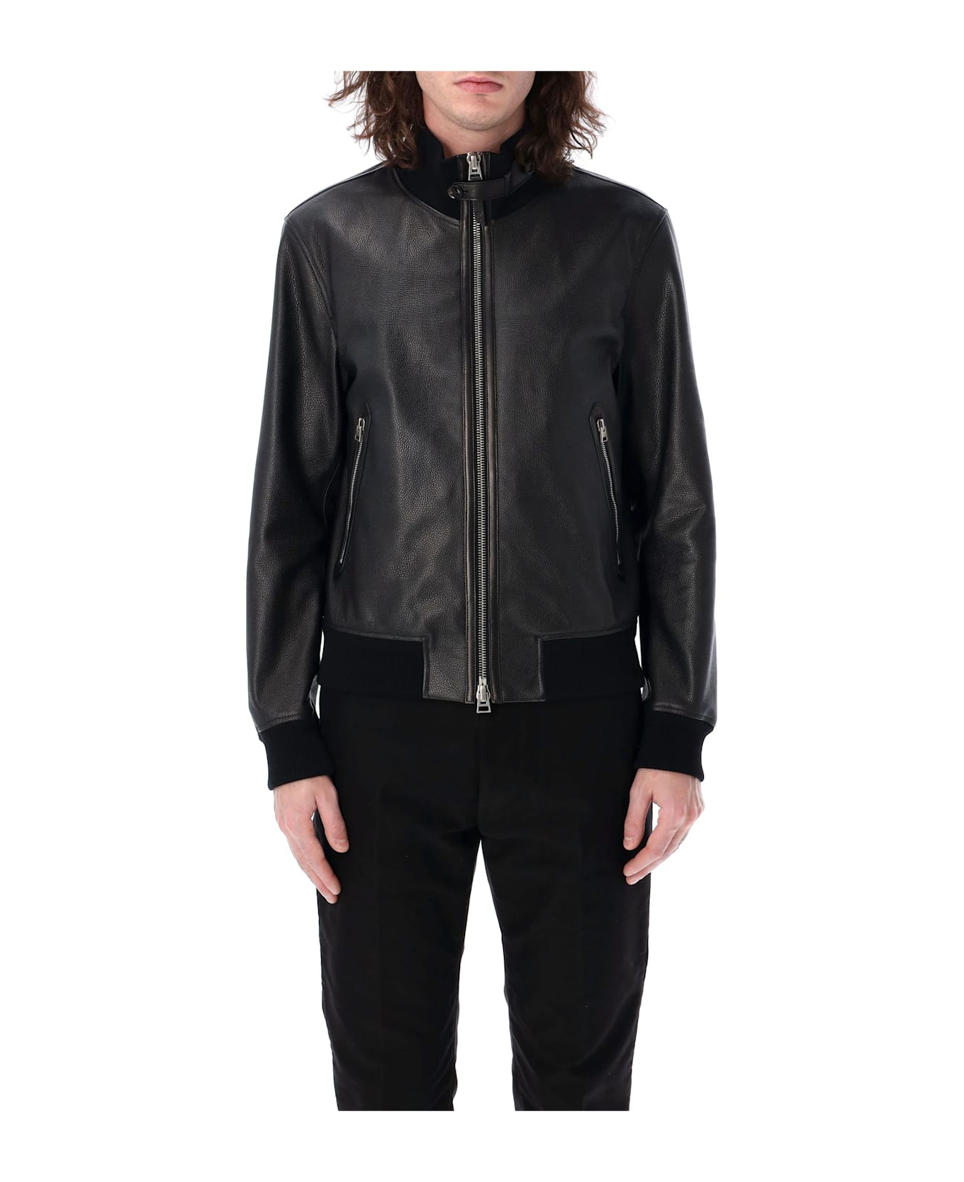 Tom Ford Grain Leather Funnel Bomber - BLACK