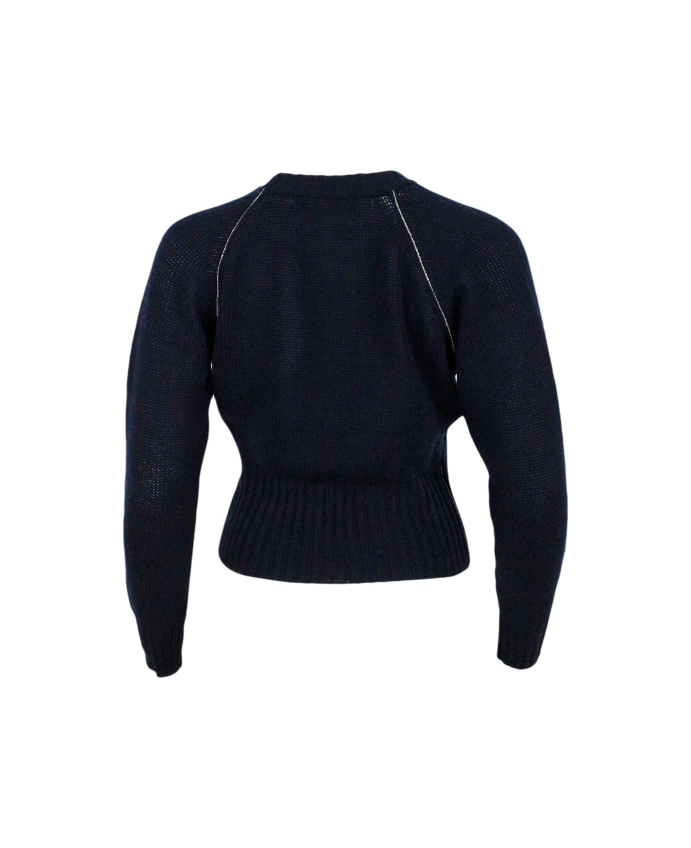 Fabiana Filippi Slim-fit Long-sleeved Cashmere Crew-neck Sweater With Raglan Sleeves Embellished With Rows Of Monili On The Armhole - Blu