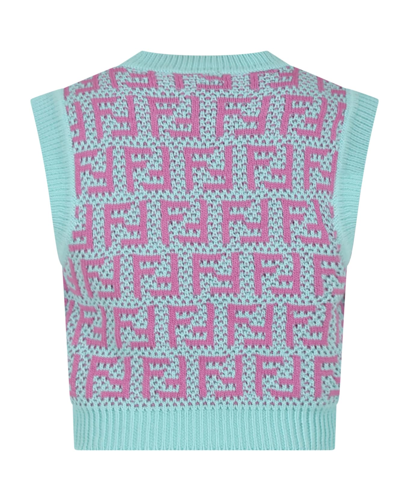 Fendi Light Blue Vest Sweater For Girl With Ff - Acquamarina