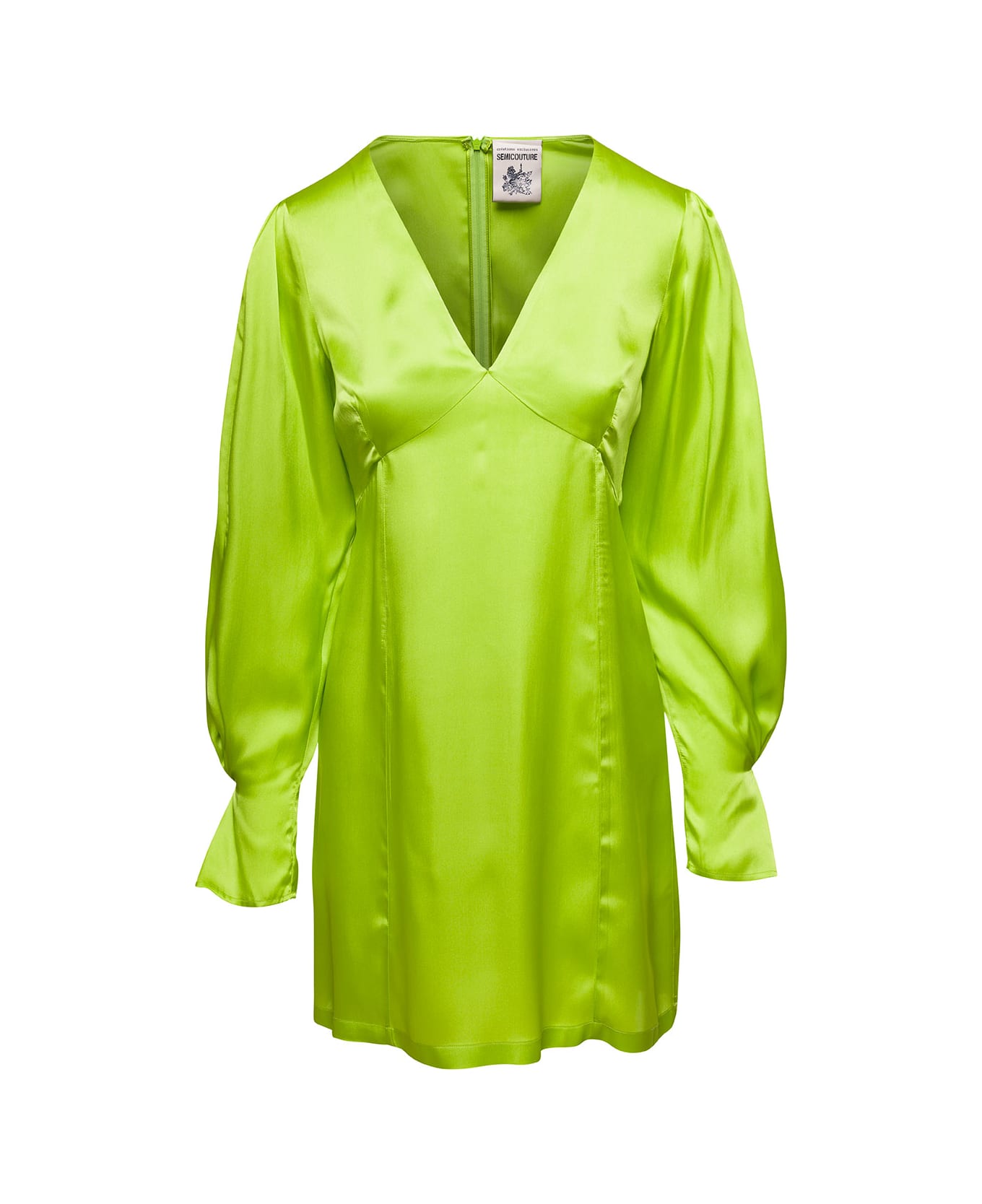 SEMICOUTURE Lime Green Zoie Minidress V Neck Satin Effect In Silk Blend Woman - Green