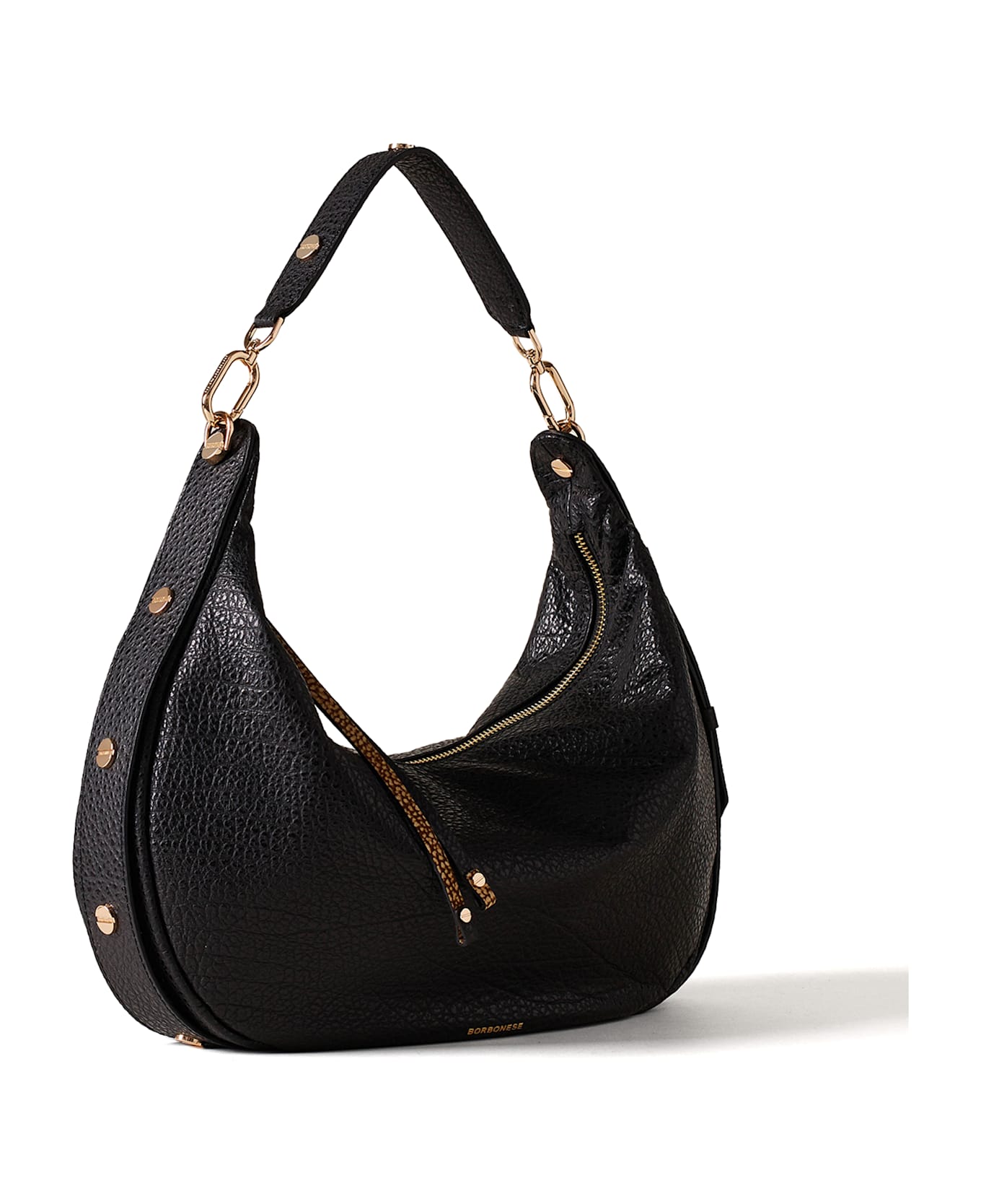 Borbonese Oyster Hobo Shoulder Bag Medium Black - NERO