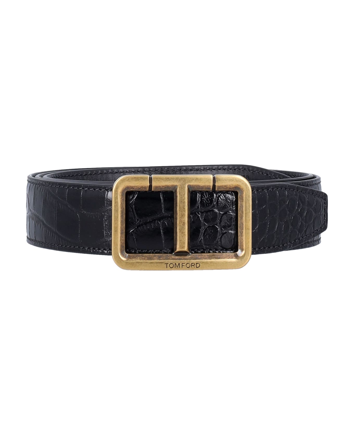 Tom Ford Crocco Print Scored Belt - BLACK GOLD