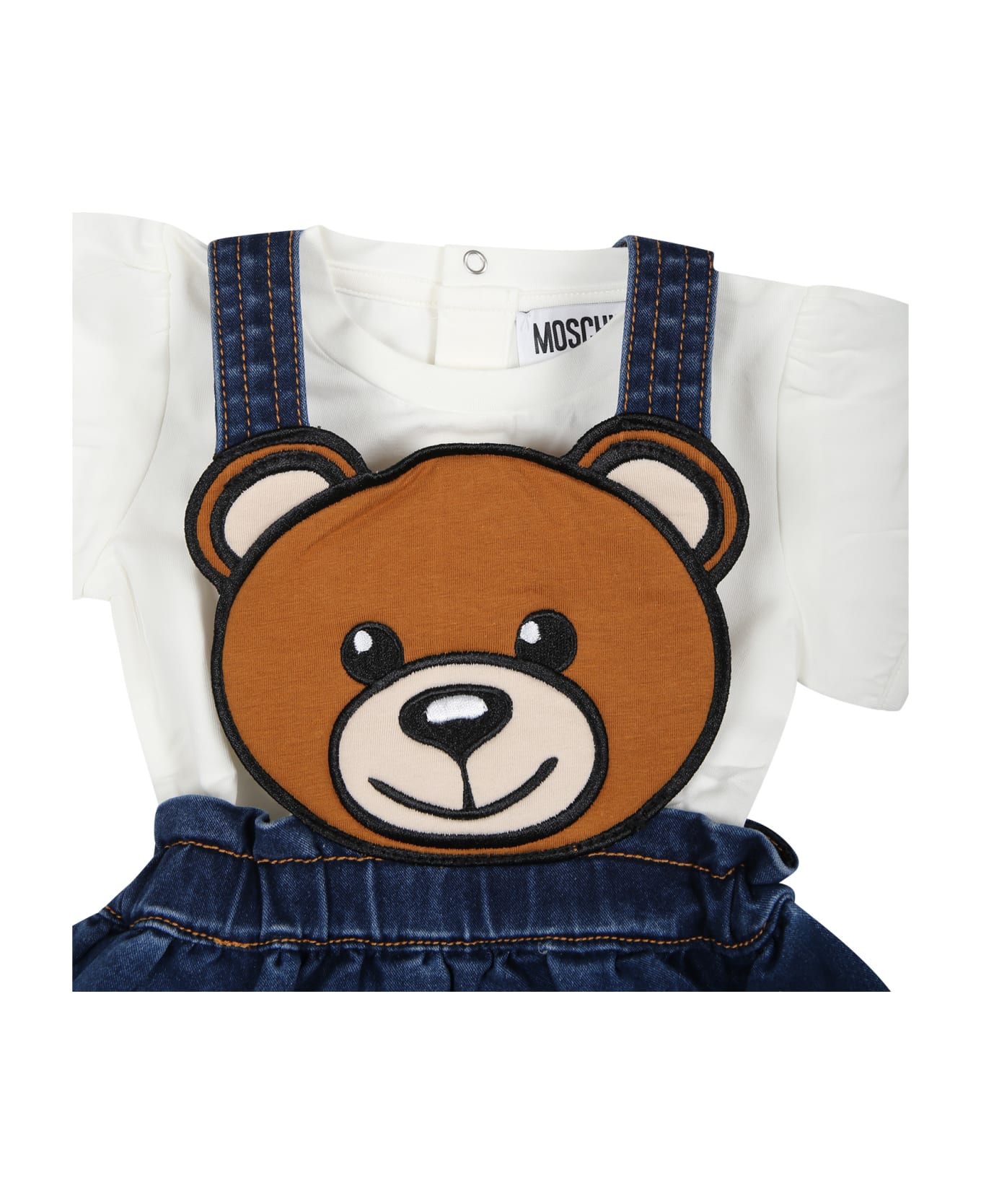 Moschino Denim Dungarees For Baby Girl With Teddy Bear - Denim