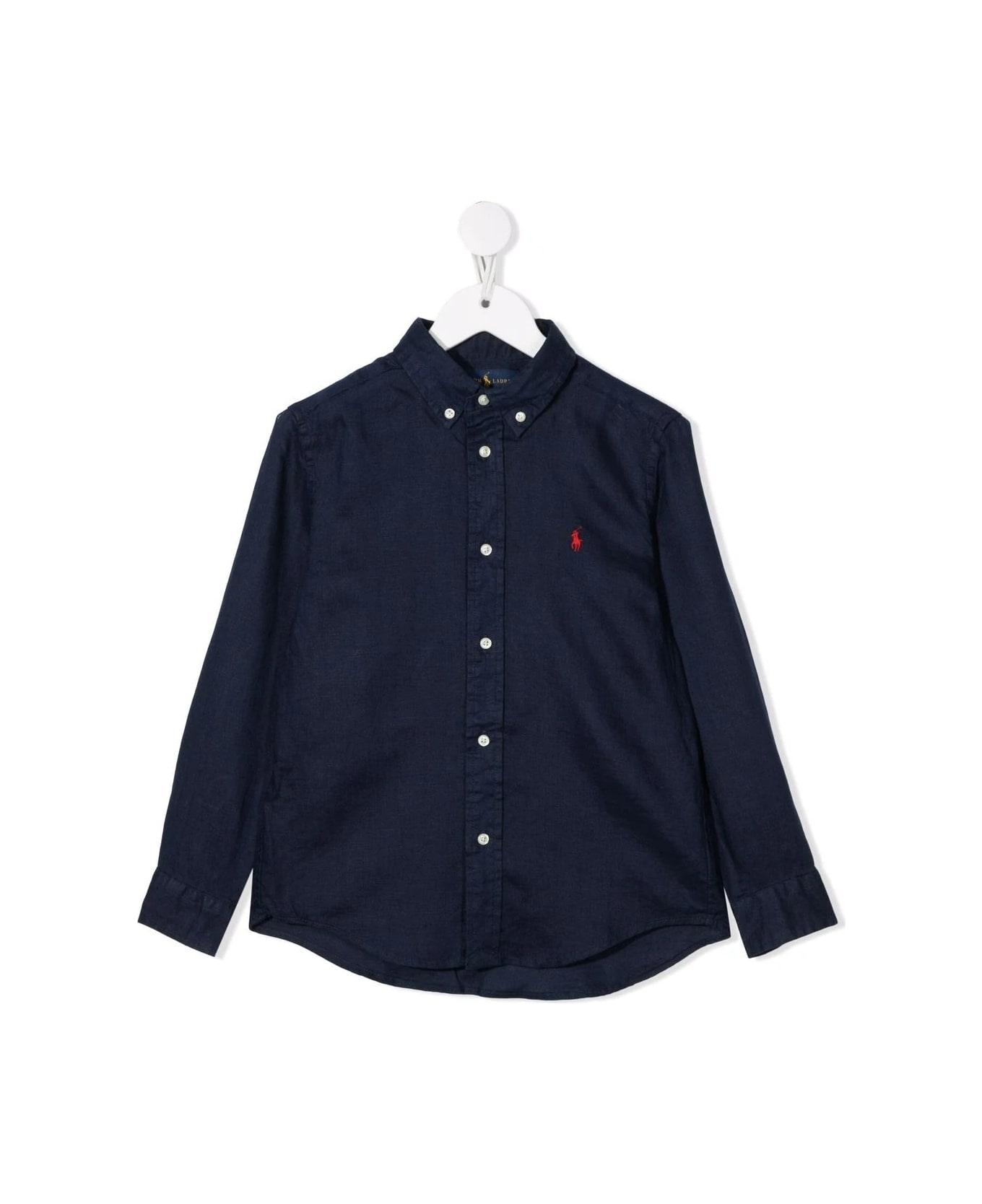 Ralph Lauren Navy Blue Linen Shirt With Embroidered Pony - Blue