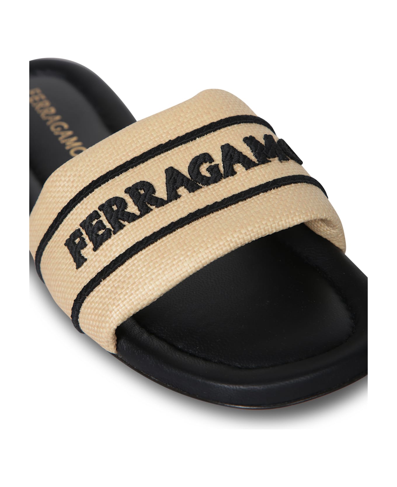 Ferragamo Nappa Raffia Black Sandals - Beige