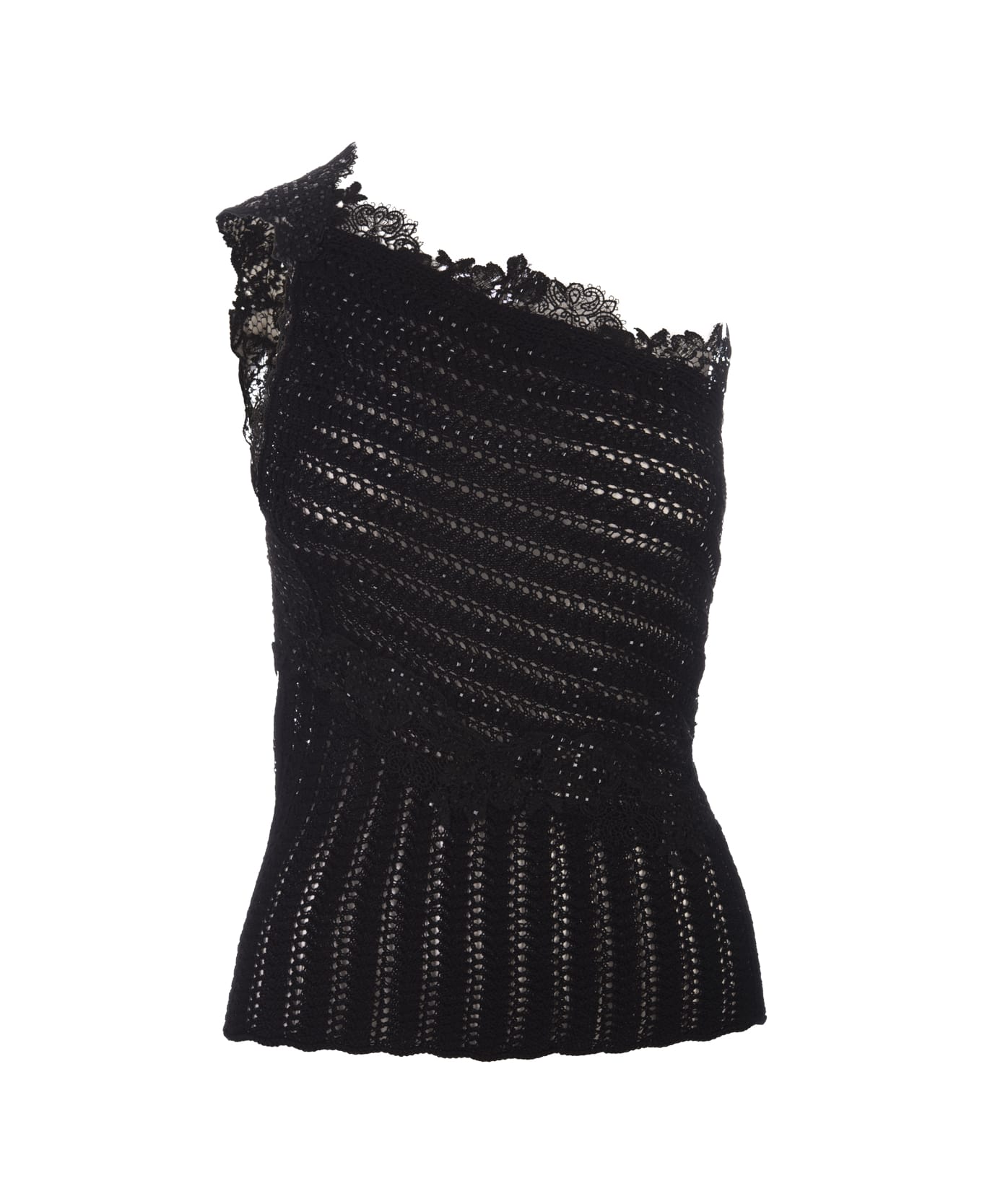Ermanno Scervino Black Cotton Top With Lace And Crystals - Black