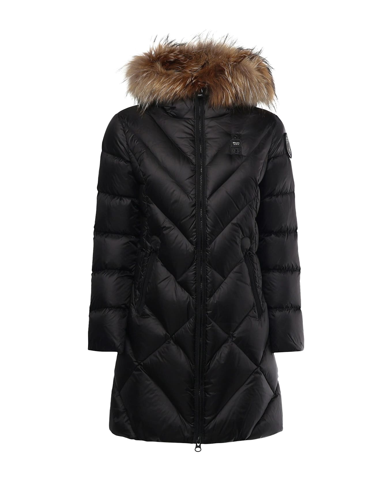 Blauer Long Down Jacket With Geometric Lines Althea - Black/sky