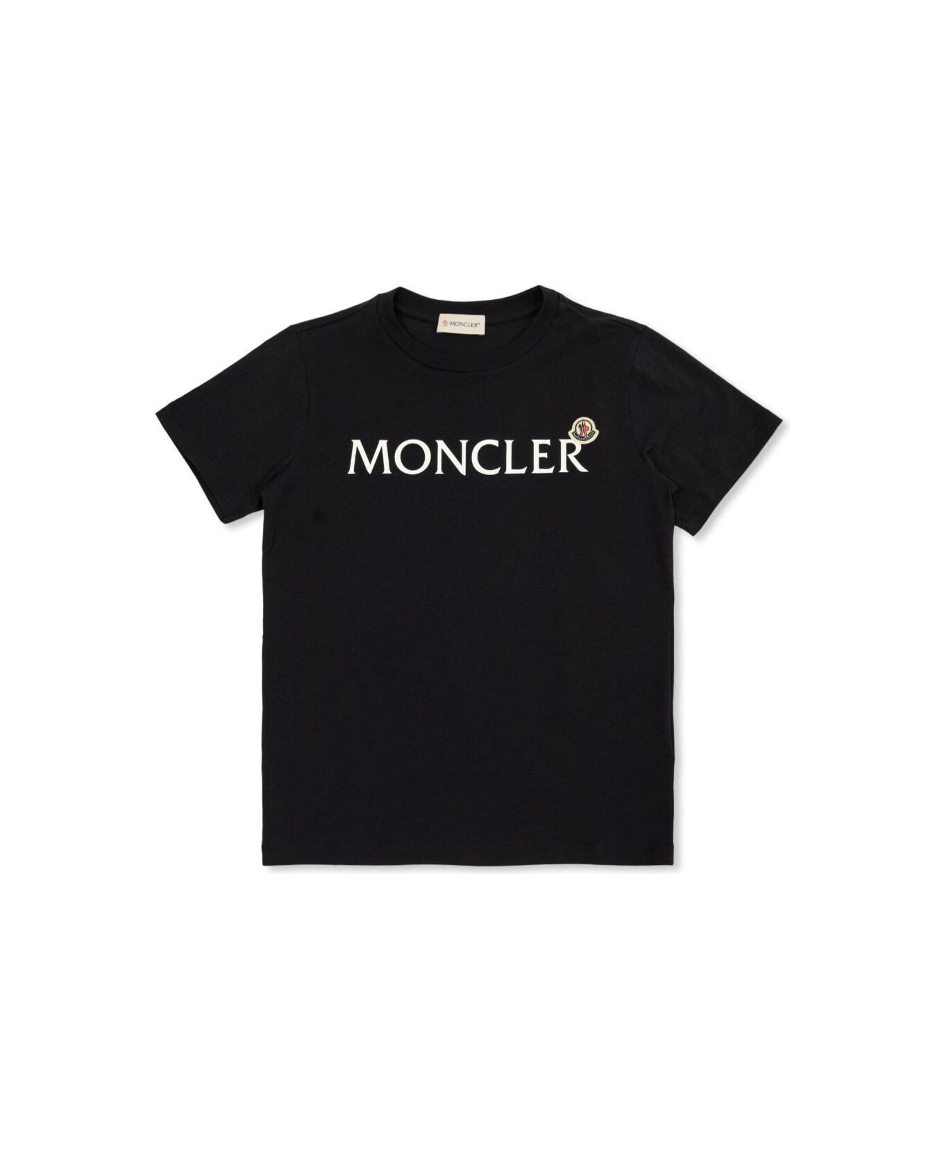 Moncler Black T-shirt With Lettering Logo And Logo Patch On The Front In Cotton Boy - Black