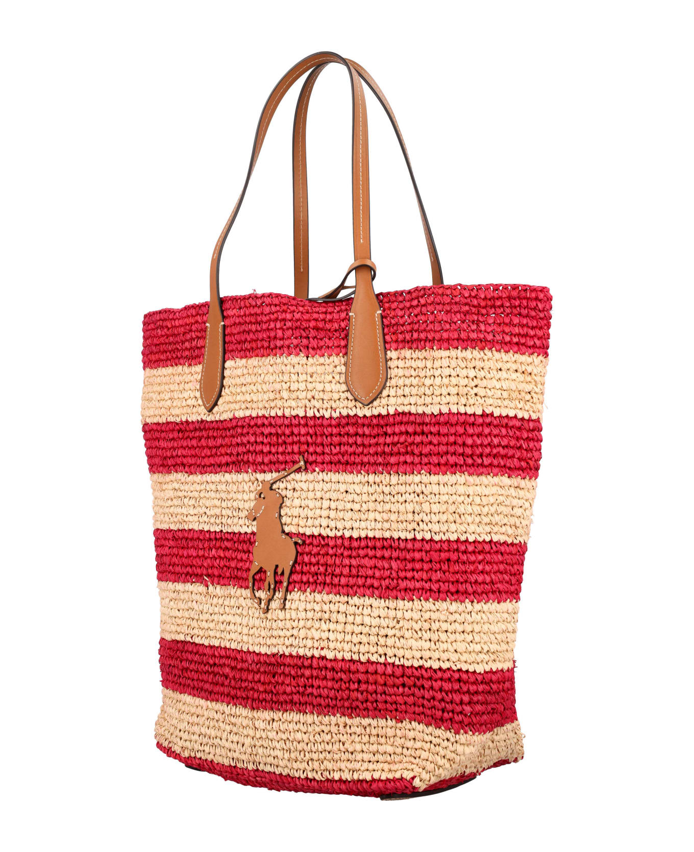 Polo Ralph Lauren Striped Straw Tote Bag - NATURAL RED トートバッグ