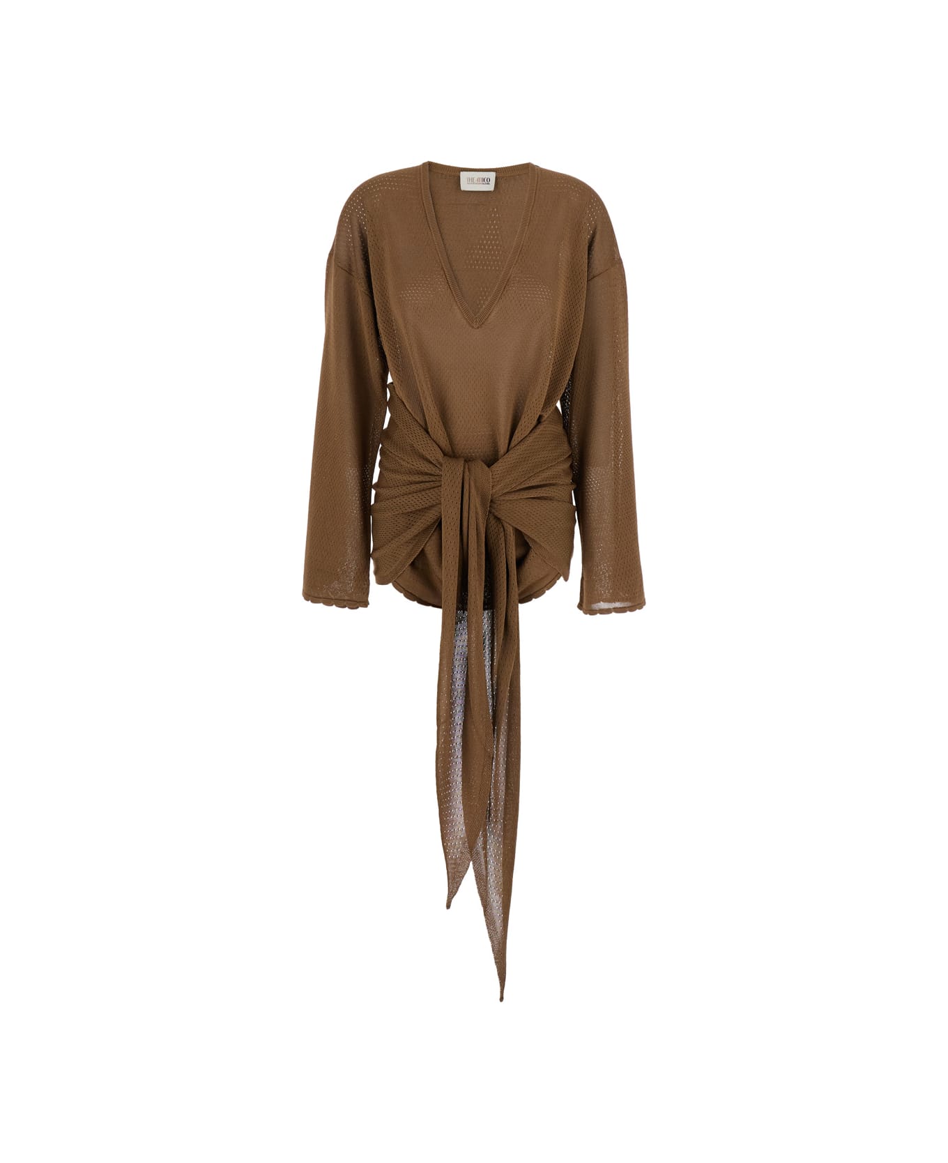 The Attico Brown Asymmetric Mini Dress With V Neck And Semi Sheer Design In Viscose Woman - Brown