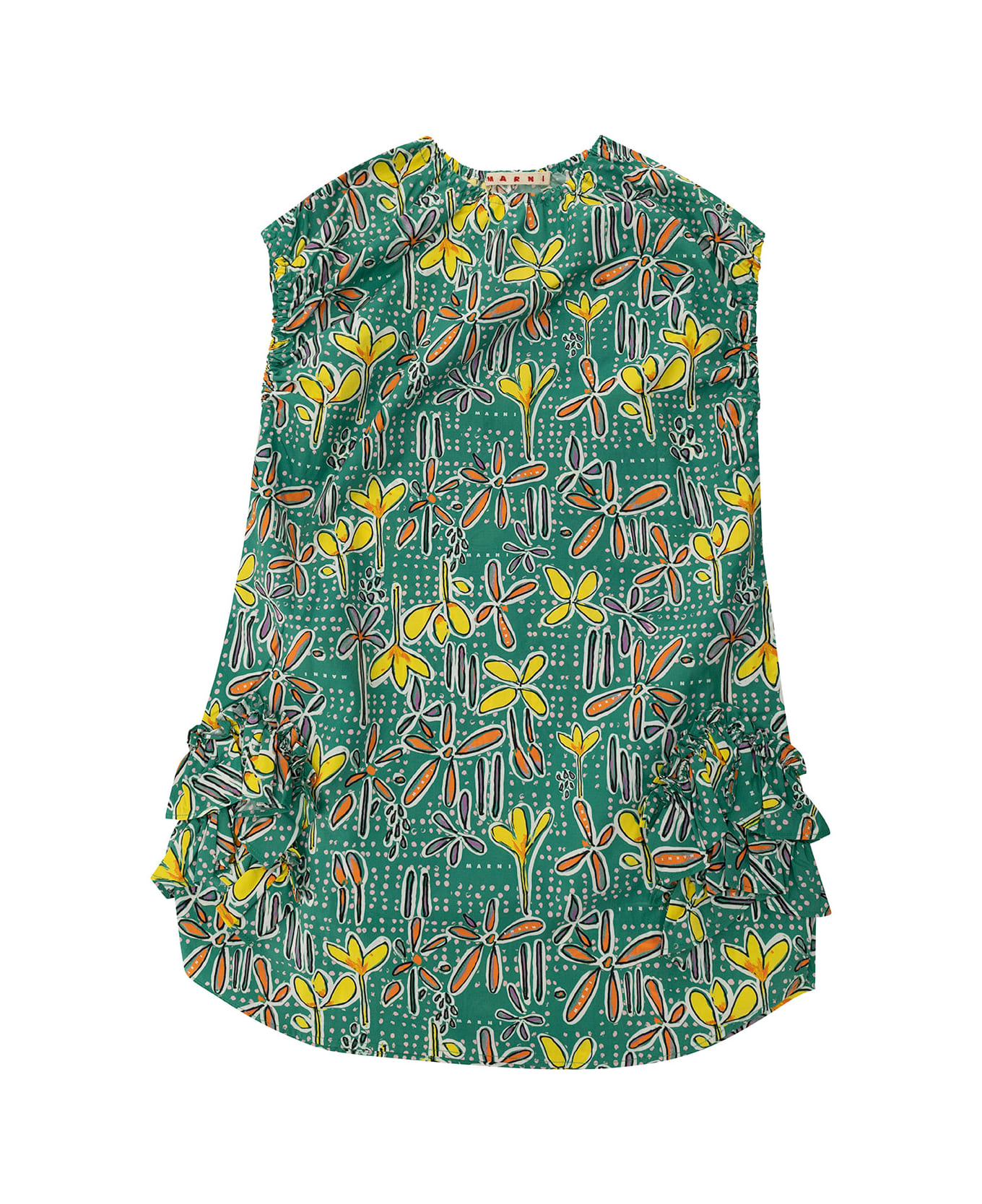 Marni Green Dress With Flower Print In Cotton Girl - Green ワンピース＆ドレス