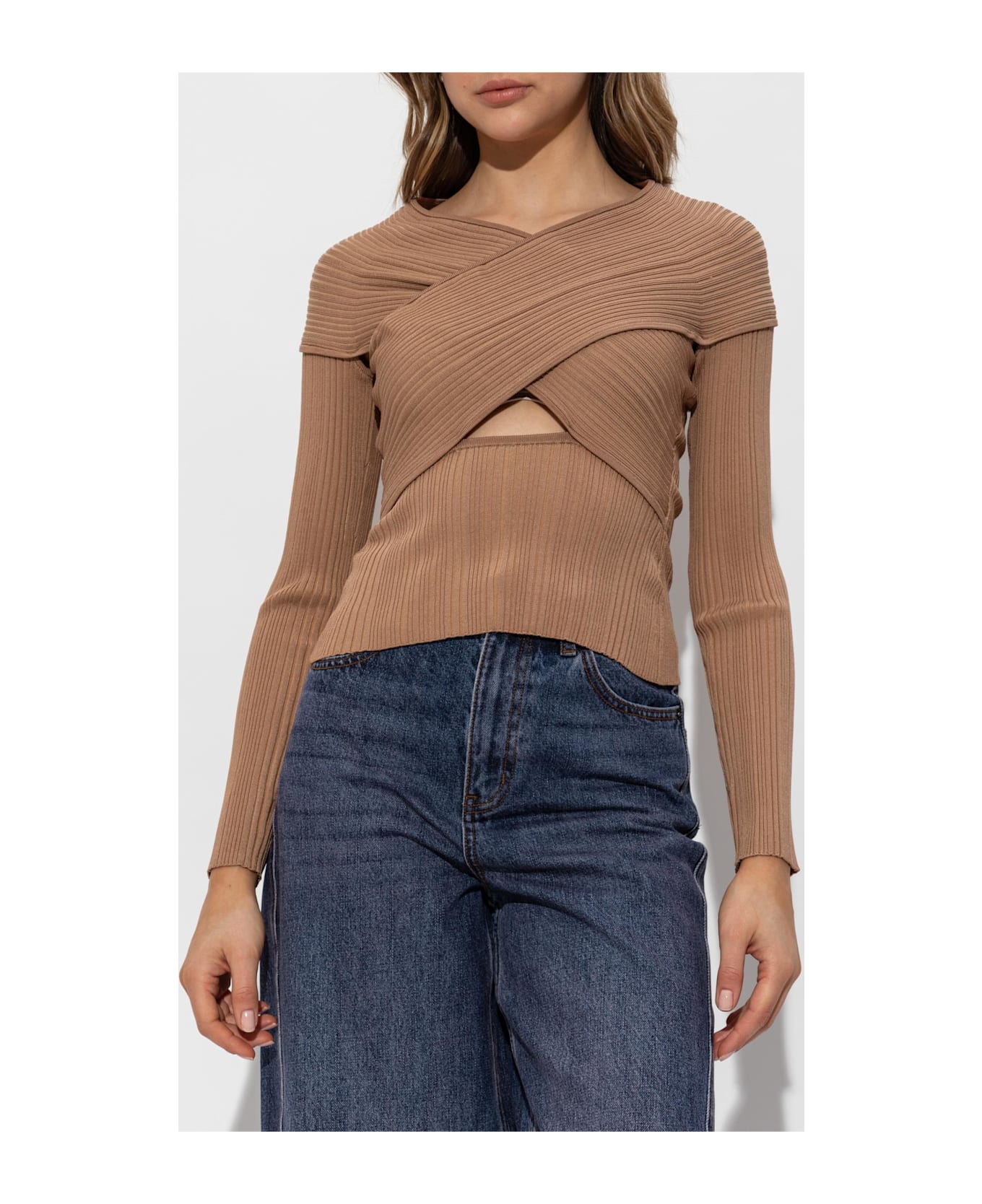 self-portrait Self Portrait Ribbed Top With Long Sleeves - Beige
