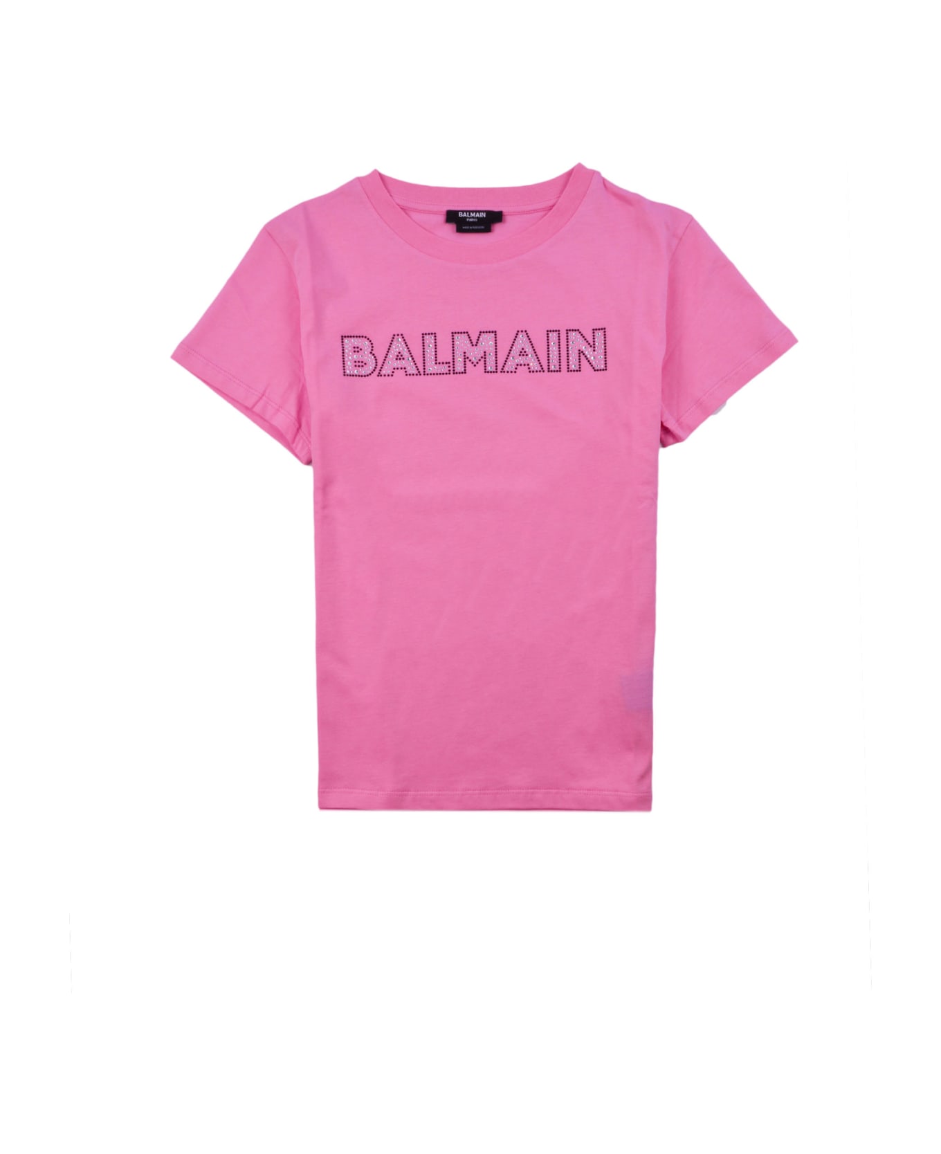Balmain Cotton T-shirt With Balmain Rhinestone Logo - Rose