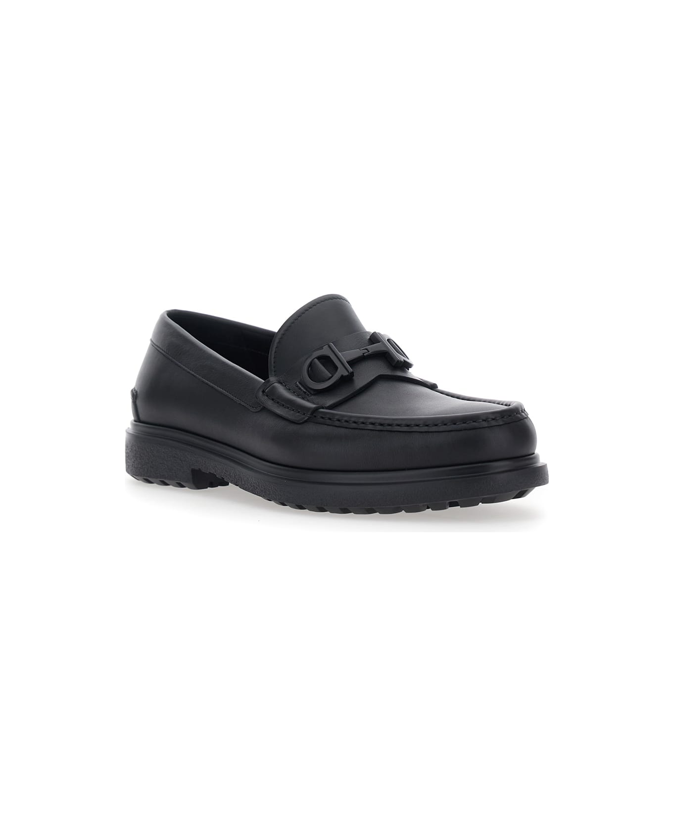 Ferragamo 'tobia' Black Loafers With Metal Gancini Detail On The Front And Raised Sole In Leather Man - Black