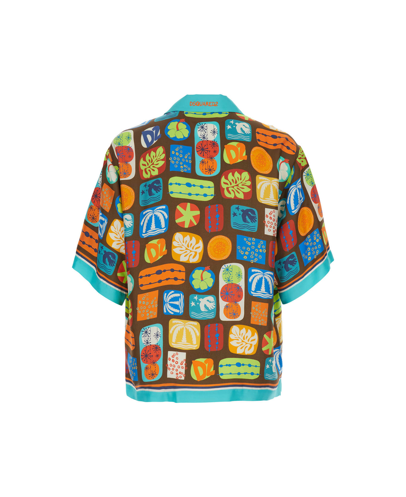 Dsquared2 Multicolor Shirt With Cuban Collar And All-over Printed Motif In Silk Man - Multicolor