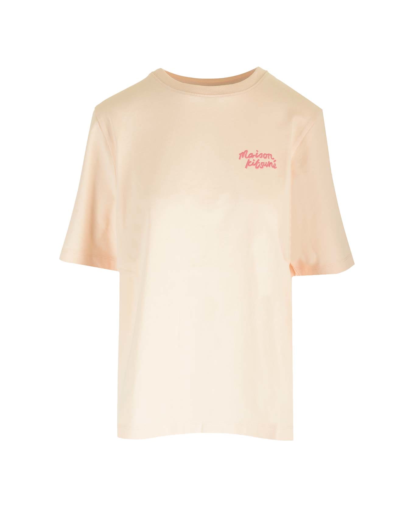 Maison Kitsuné Beige T-shirt With Fuchsia Logo - Pink