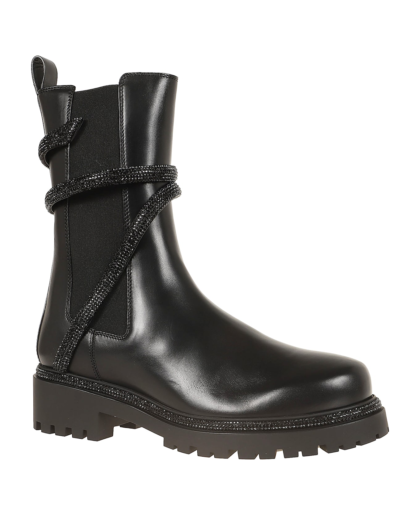 René Caovilla Cleo Biker Boots - Black Calf Jet Strass