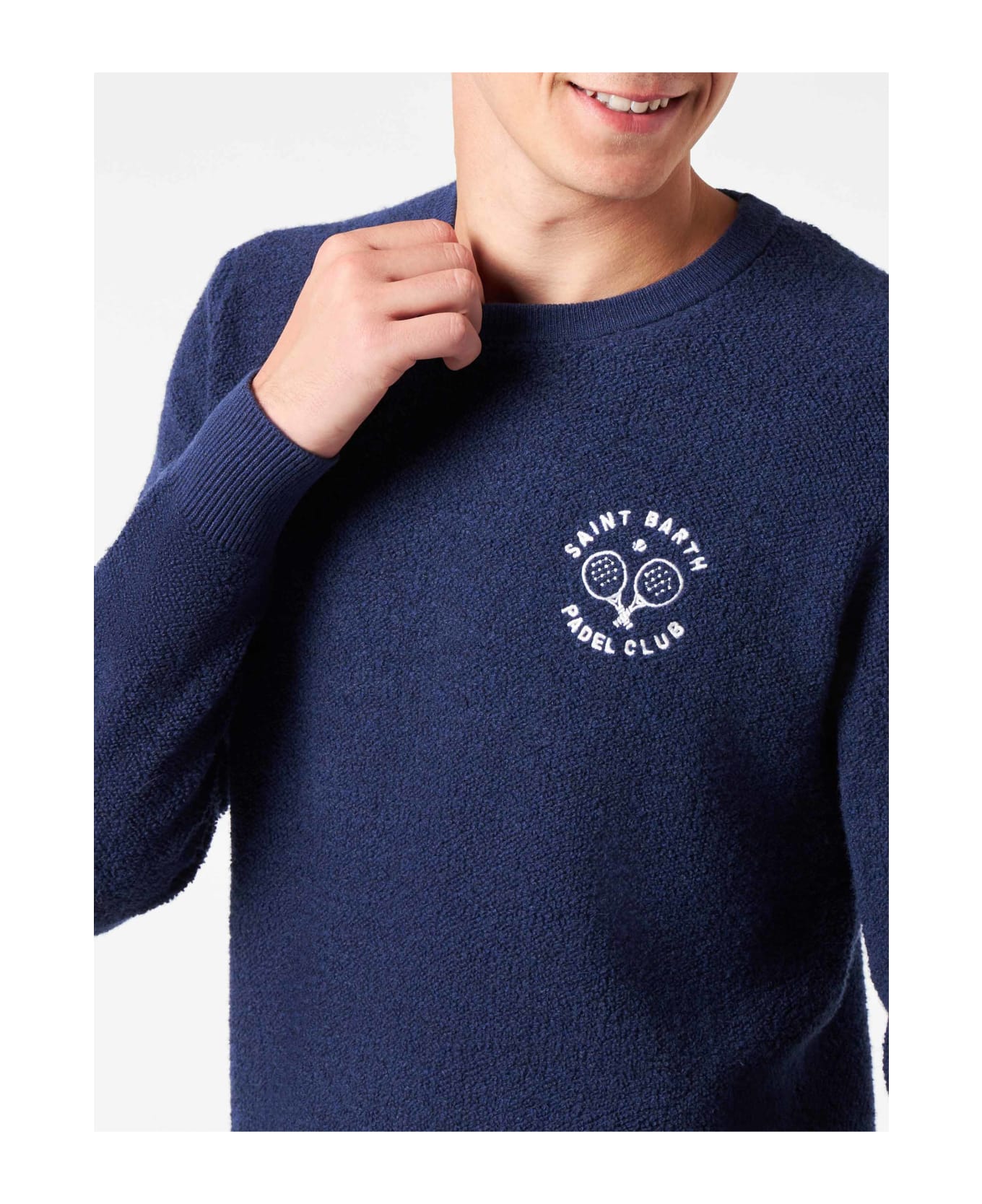 MC2 Saint Barth Man Crewneck Bluette Bouclé Sweater With Saint Barth Padel Club Embroidery - BLUE