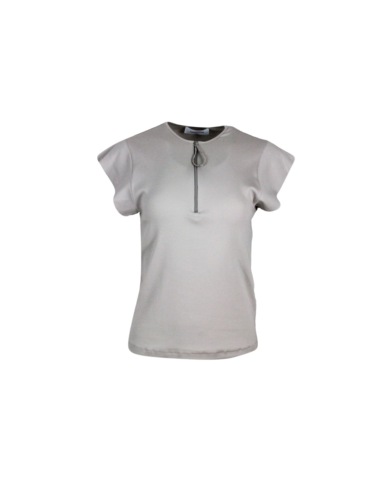 Fabiana Filippi Short-sleeved Round-neck Cotton Jersey T-shirt With Zip And Embellished With Rows Of Brilliant Jewels On The Zip Puller - Beige