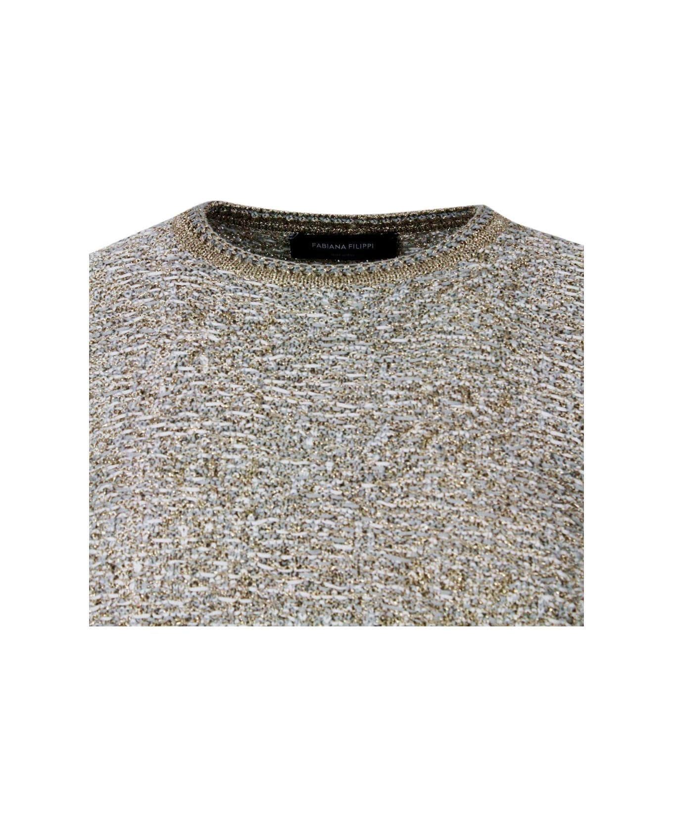 Fabiana Filippi Short-sleeved Crew-neck Sweater In Cotton Ribbon Embellished With Brilliant Golden Lurex Threads - Gold