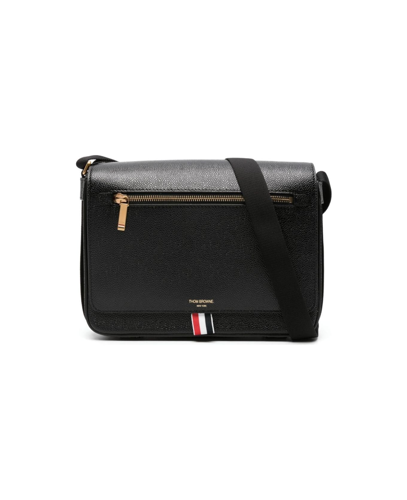 Thom Browne Reporter Bag With Webbing Strap In Pebble Grain Leather - Black