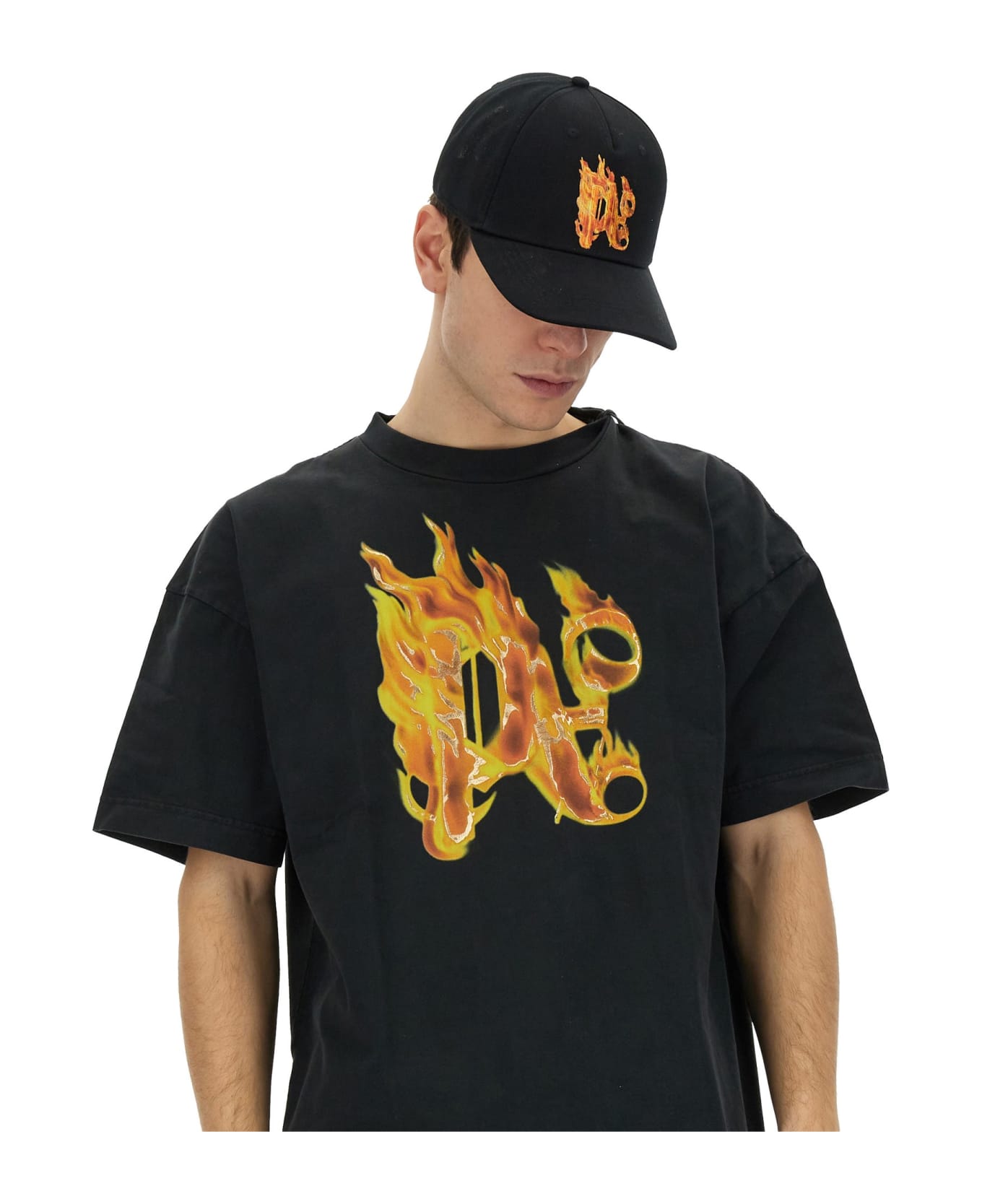 Palm Angels T-shirt With 'burning Monogram' Print - Black/gold
