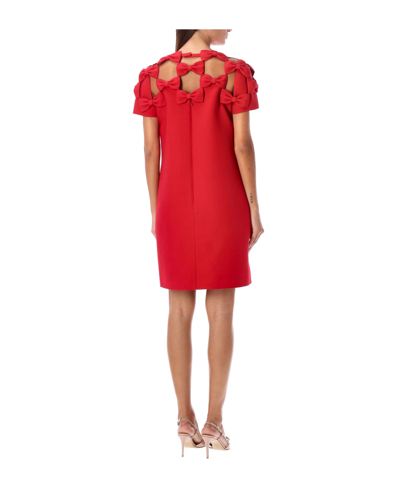Valentino Garavani Embroidered Crepe Couture Bow Short Dress - RED