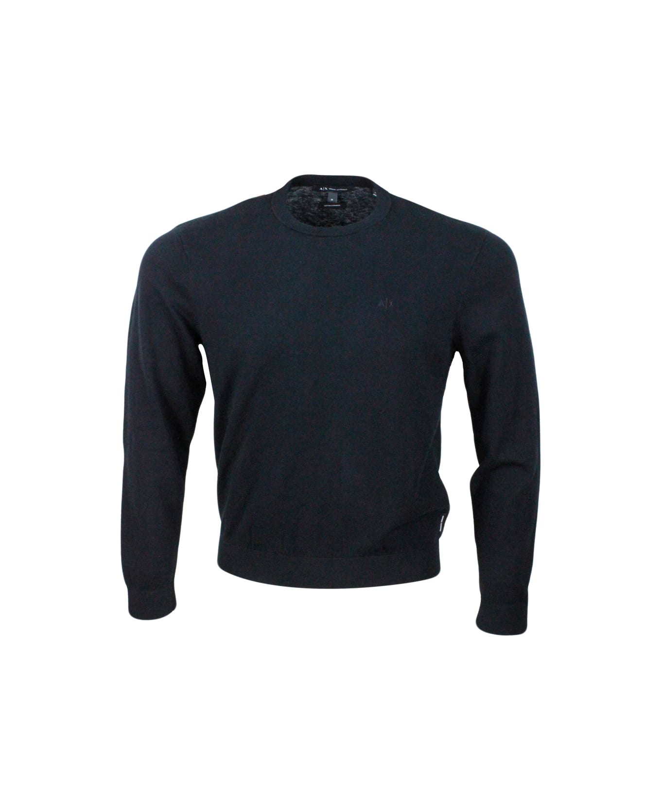 Armani Collezioni Lightweight Long-sleeved Crew-neck Sweater Made Of Warm Cotton And Cashmere With Contrasting Color Profiles At The Bottom And On The Cuffs - Black ニットウェア