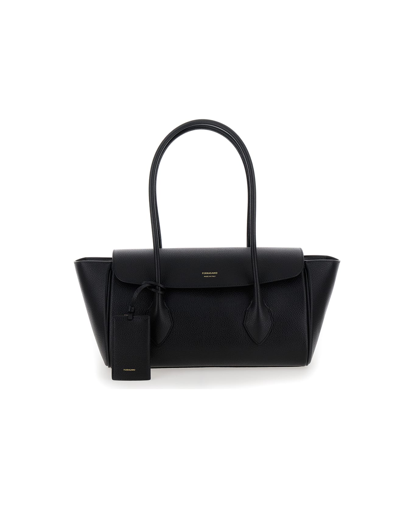 Ferragamo 'east-west M' Black Handbag With Logo Detail In Hammered Leather Woman - Black
