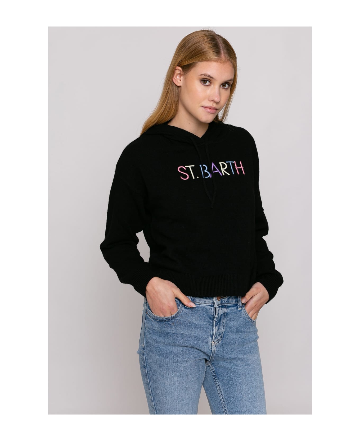 MC2 Saint Barth Cropped Knit Hoodie With St. Barth Embroidery - BLACK