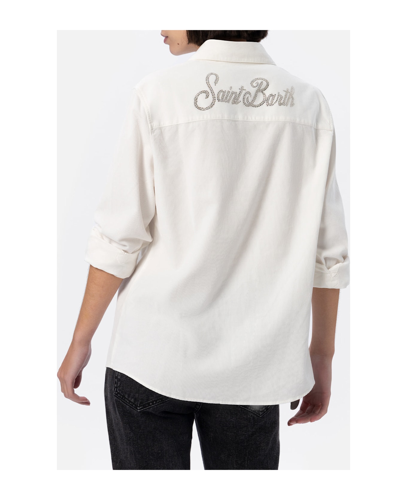 MC2 Saint Barth Woman Off-white Corduroy-like Shirt Deer With St. Barth Rhinestones Logo - WHITE