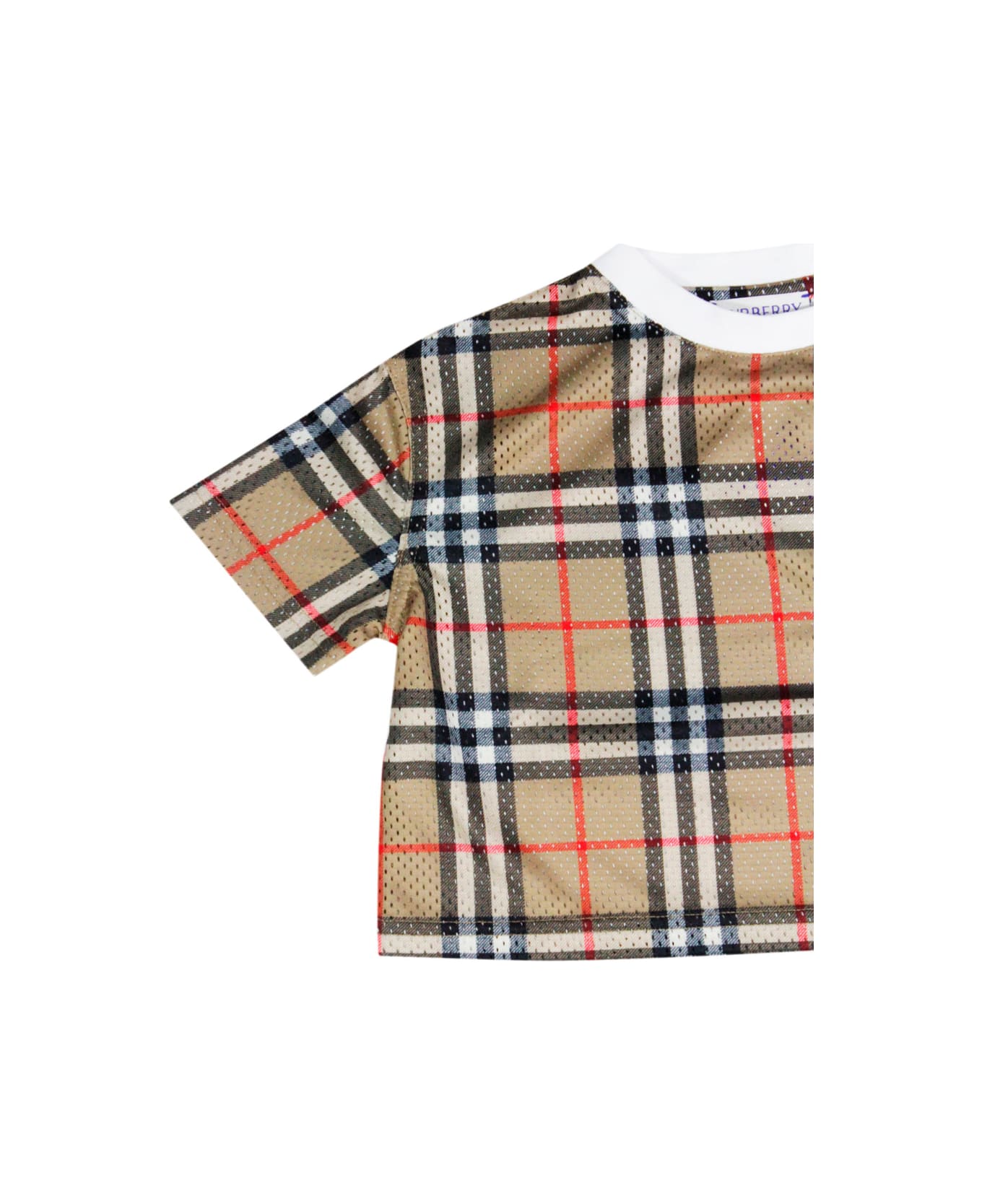 Burberry Crew-neck, Short-sleeved T-shirt In Perforated Fabric With Check Pattern And Small Buttons On The Shoulder. - Beige Tシャツ＆ポロシャツ