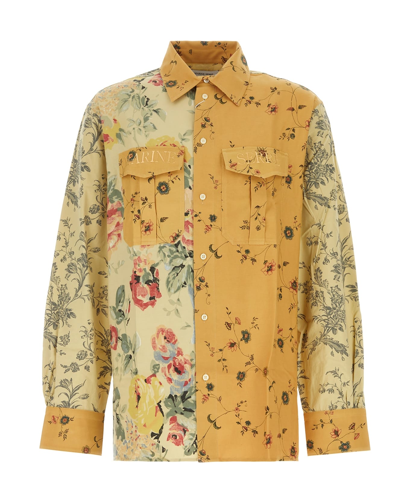 Marine Serre Upcycled Floral Linen Twin Pocket Shirt - GRAVEL