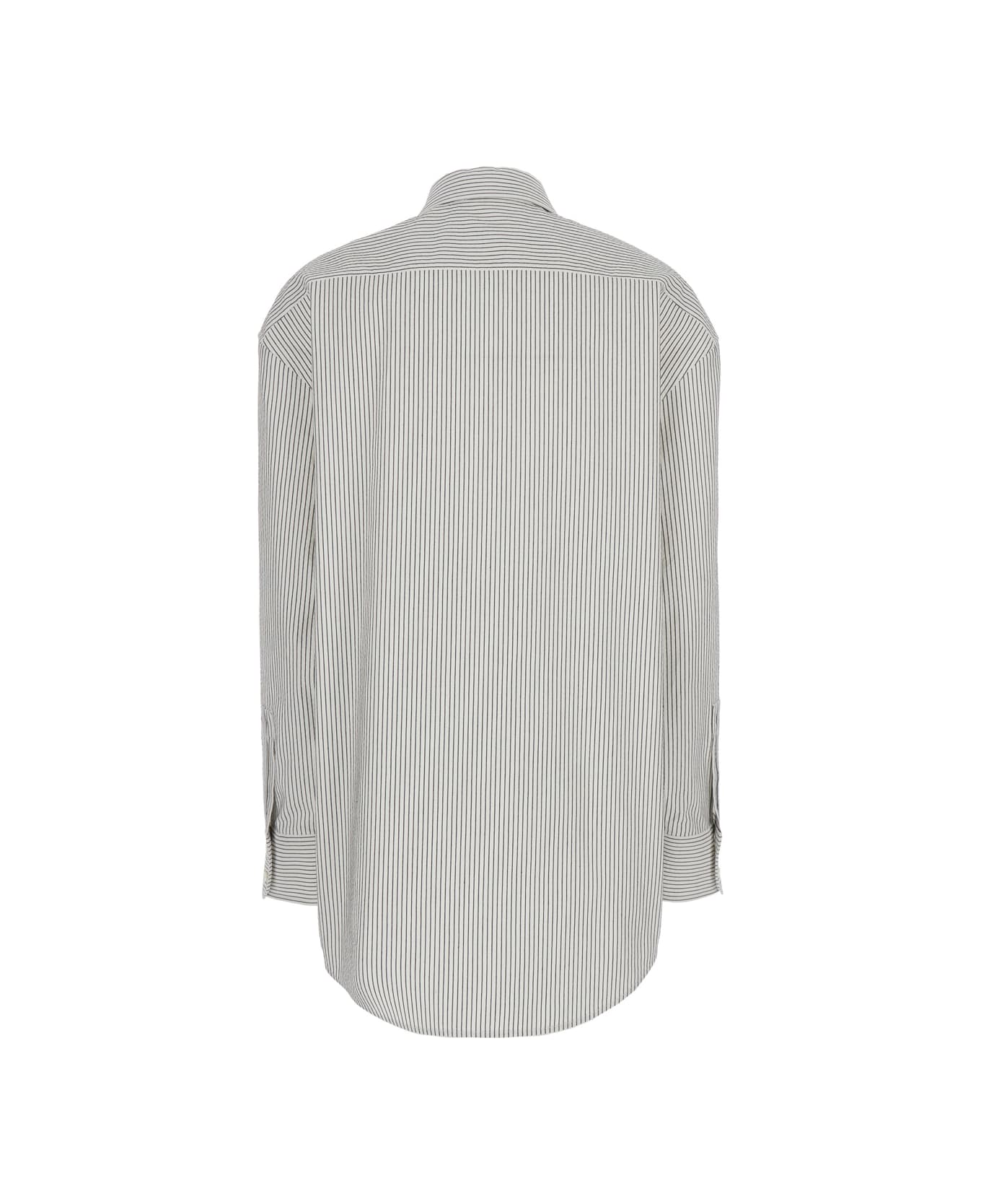 Saint Laurent Grey Shirt With Cassandre Embroidery And All-over Striped Motif In Cotton Woman - Grey