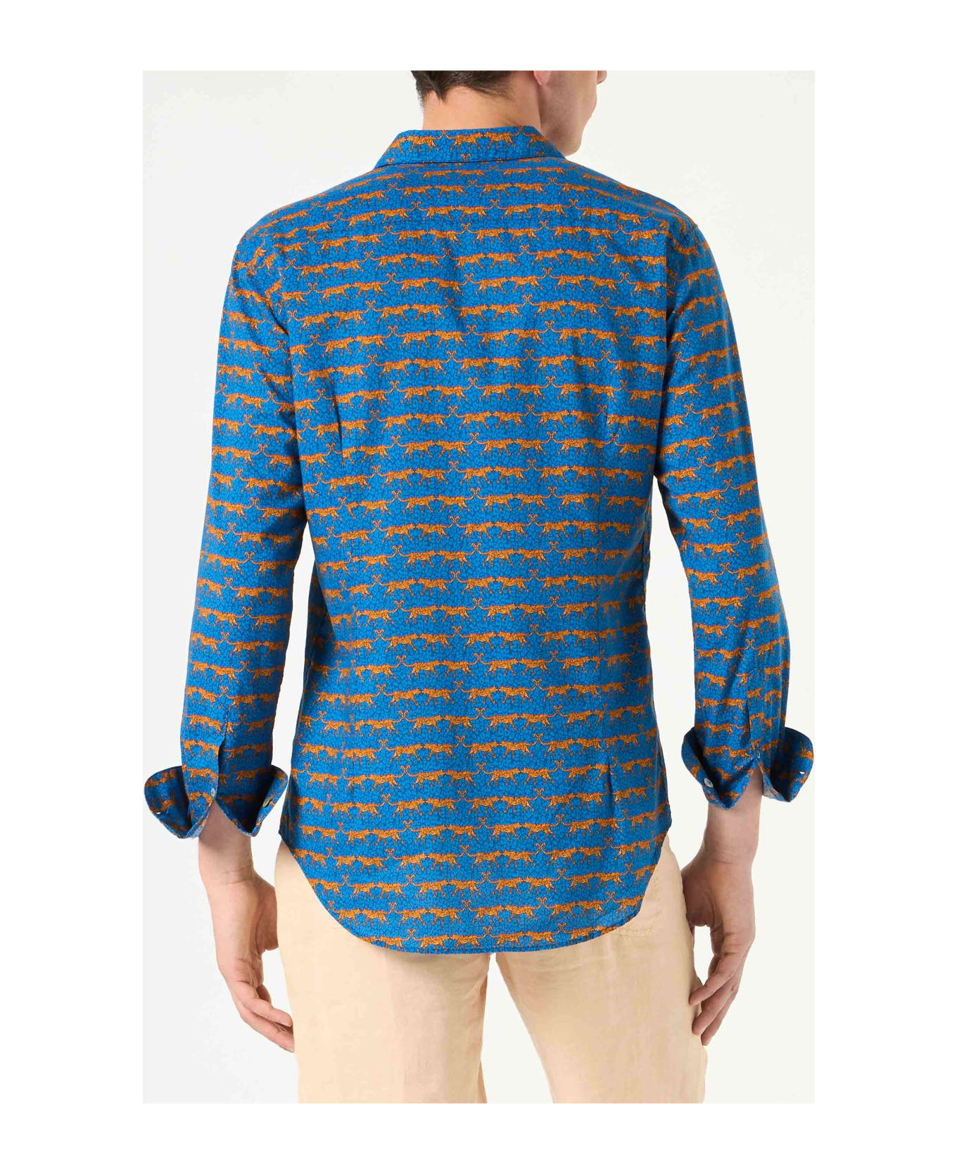 MC2 Saint Barth Man Muslin Cotton Sikelia Shirt With Wild Cat Print - BLUE