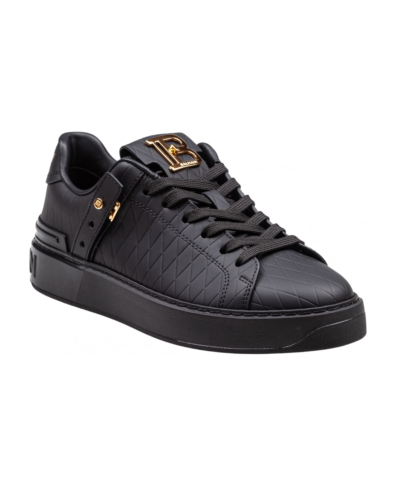 Balmain B-court Leather Sneakers With Diamond Embossing - Noir