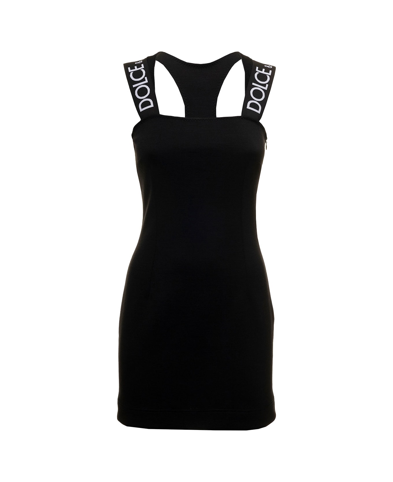 Dolce & Gabbana Black Sheath Dress In Stretch Fabric With Logoed Jacquard Shoulder Straps Dolce & Gabbana Woman - Black
