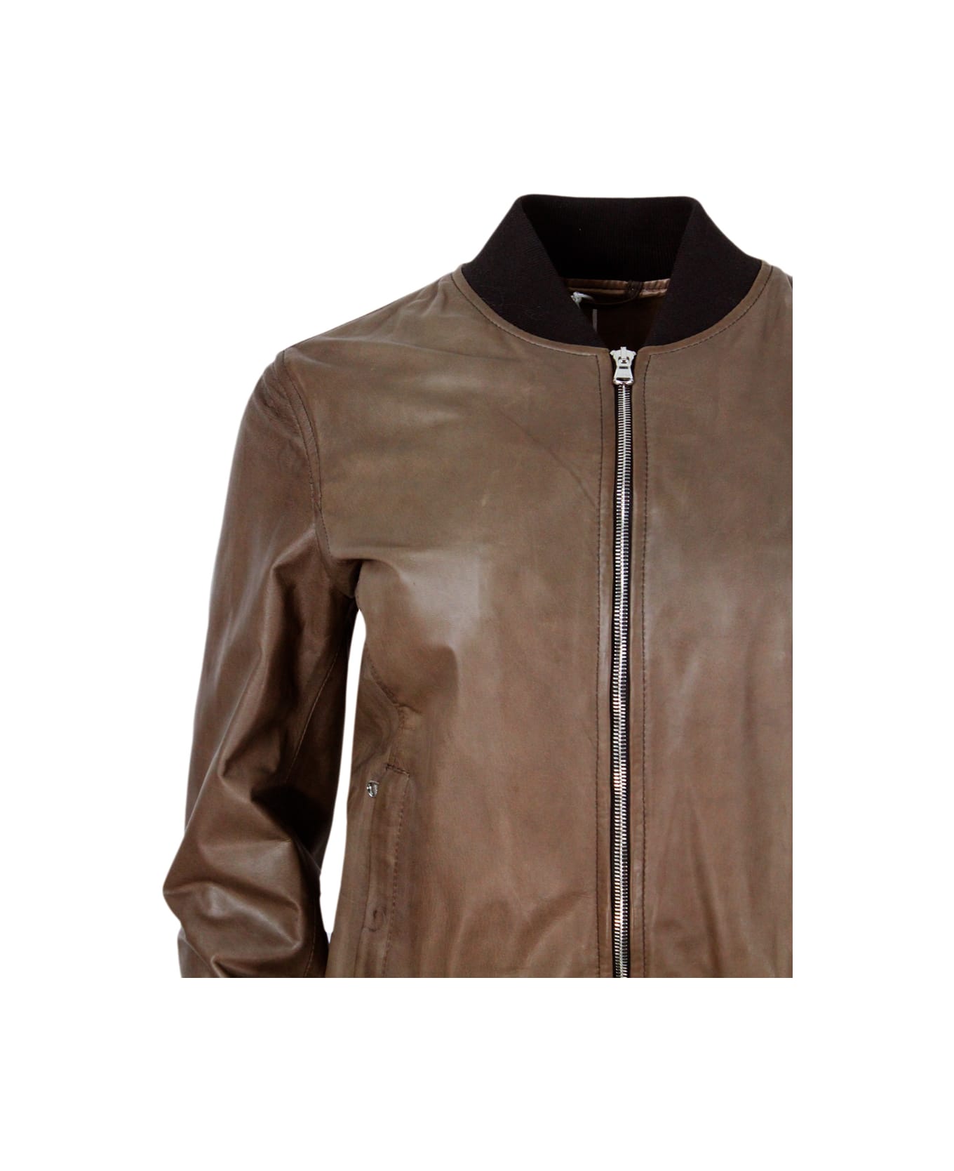 Barba Napoli Bomber Jacket In Soft And Fine Hand-buffered Leather With College Collar And Zip Closure - Brown