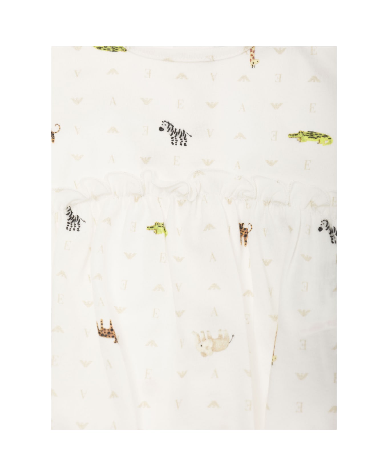 Emporio Armani White Set With Flounces And All-over Animals Print In Cotton Baby - White