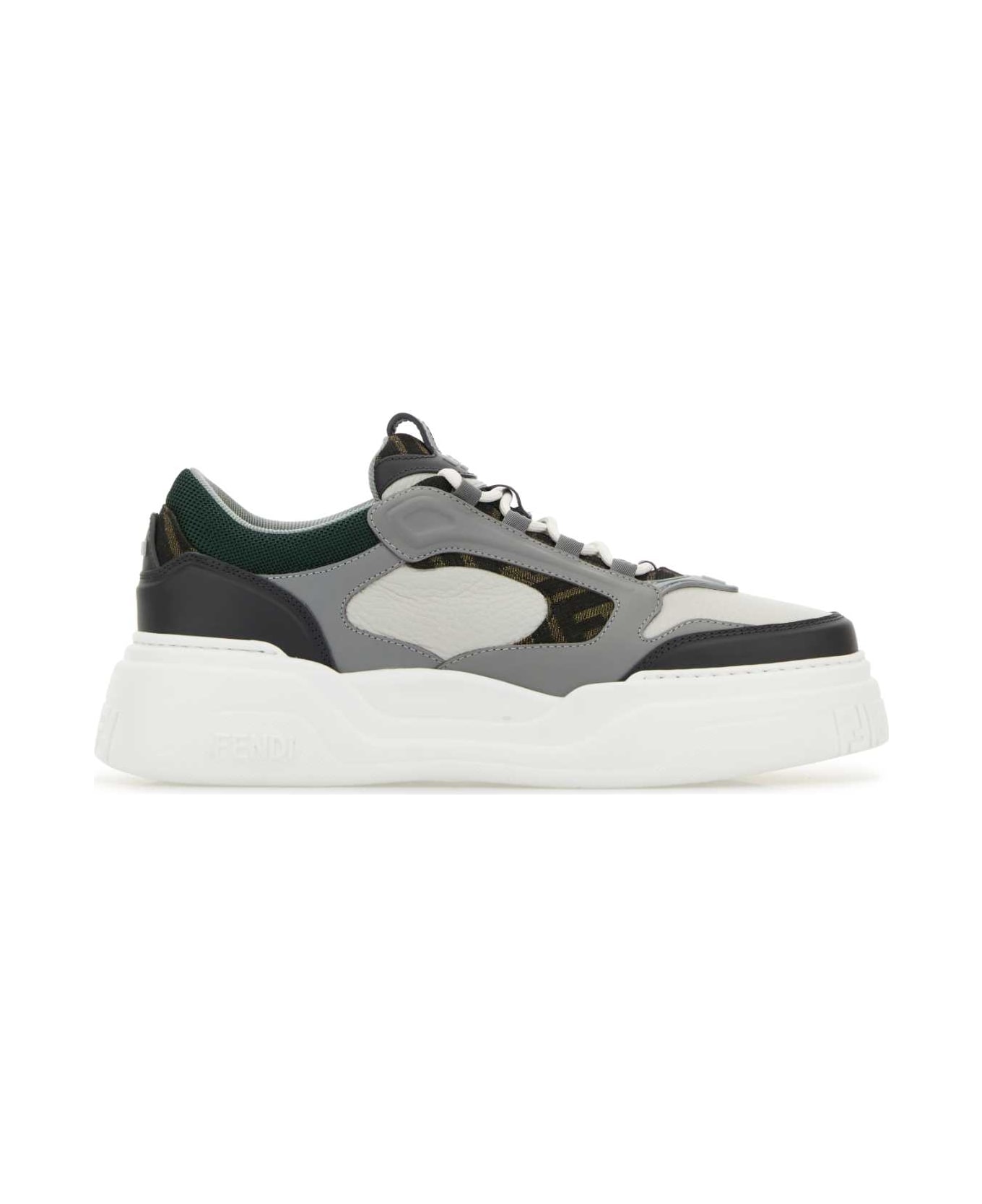 Fendi Multicolor Leather And Canvas Fendi Force Sneakers - GREY AND WHITE