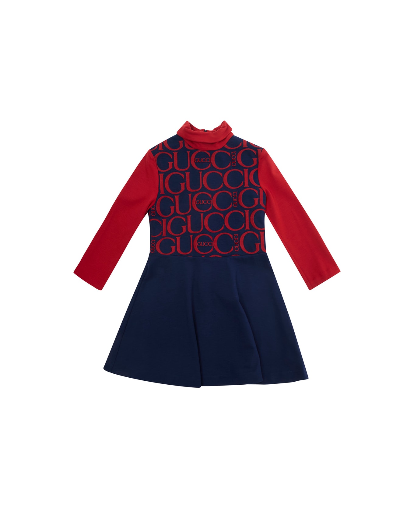 Gucci Red And Blue Long Sleeve Dress With Logo Lettering Print In Viscose Girl - Multicolor