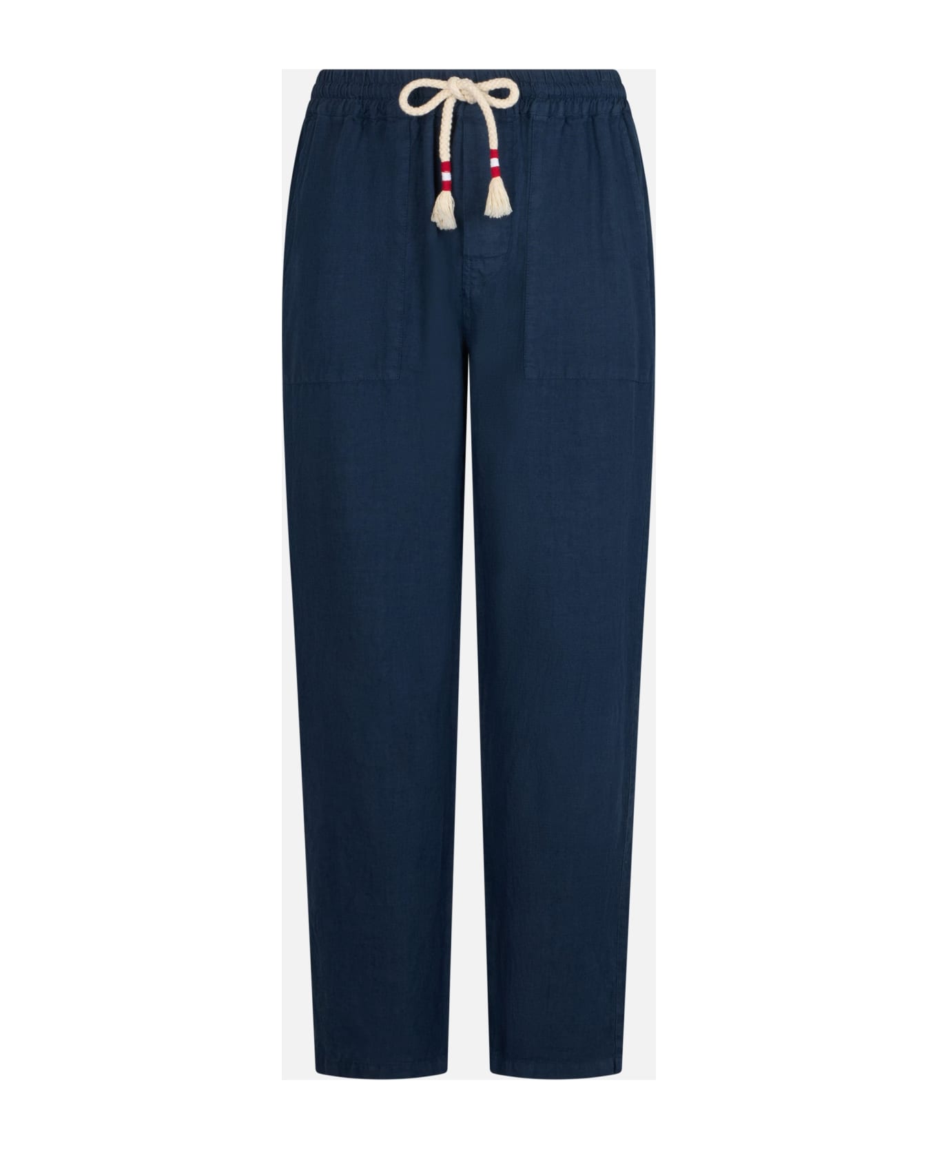 MC2 Saint Barth Man Navy Blue Linen Calais Pants With Drawstring - BLUE