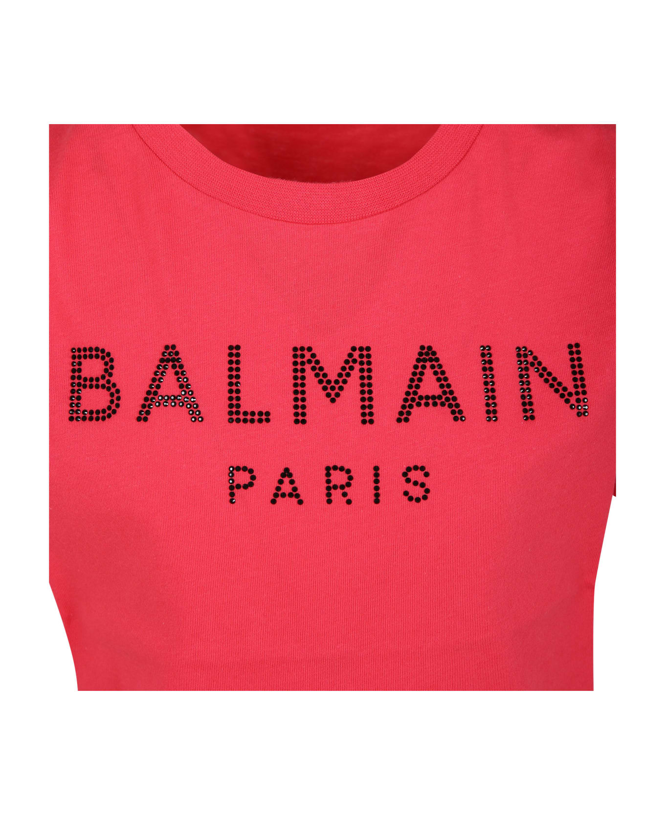 Balmain Fuchsia T-shirt For Girl With Logo And Rhinestones - E