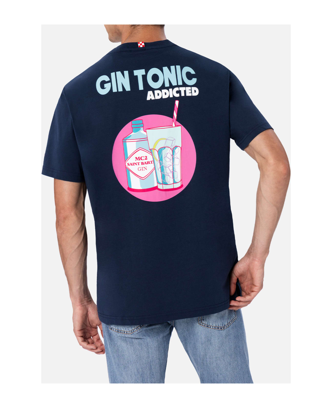 MC2 Saint Barth Man Cotton T-shirt With Gin Tonic Addicted Placed Print - BLUE